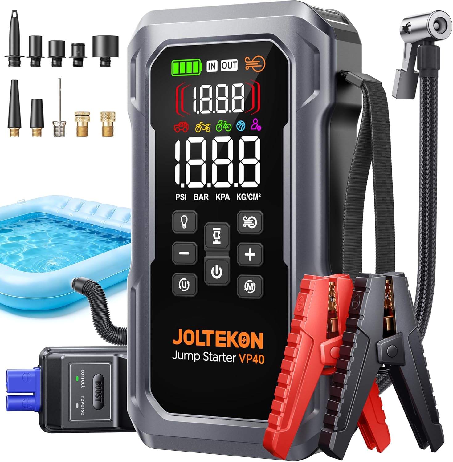 6000A 160PSI 9-in-1 Car Battery Jump Starter with Air Compressor & Air Blower (All Gas 12L Diesel)