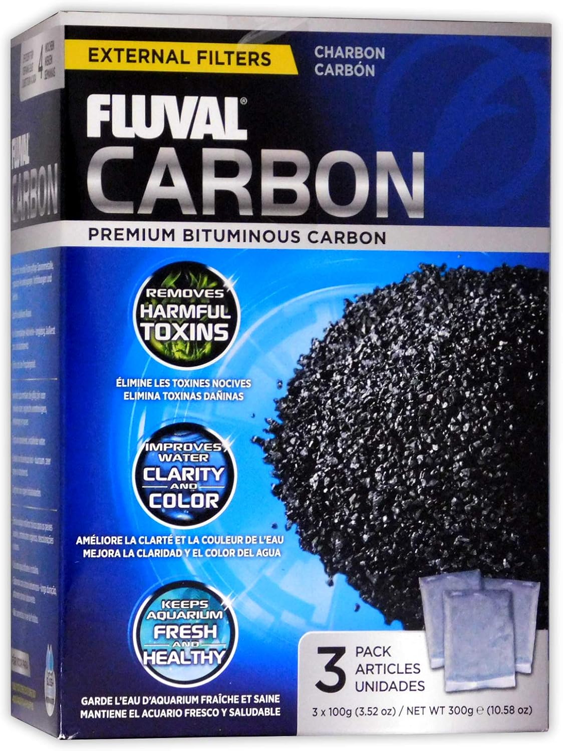 Fluval Carbon Filter Media for Aquariums, Premium Bituminous Carbon Inserts, 100-gram Nylon Bags, 3 Count (Pack of 1), A1440