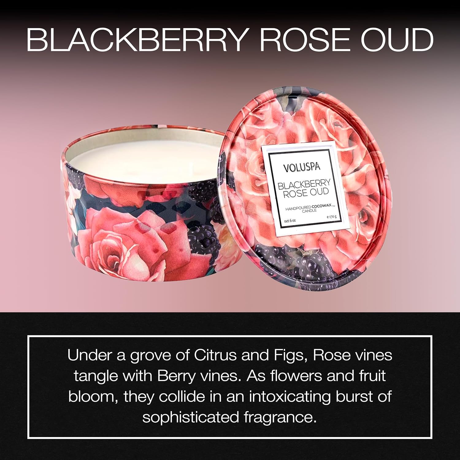 Voluspa BlackBerry Rose Oud, 2 Wick Tin Candle, 8 oz, 25 Hour Burn Time, Coconut Wax for Clean Burning, Handcrafted in The USA