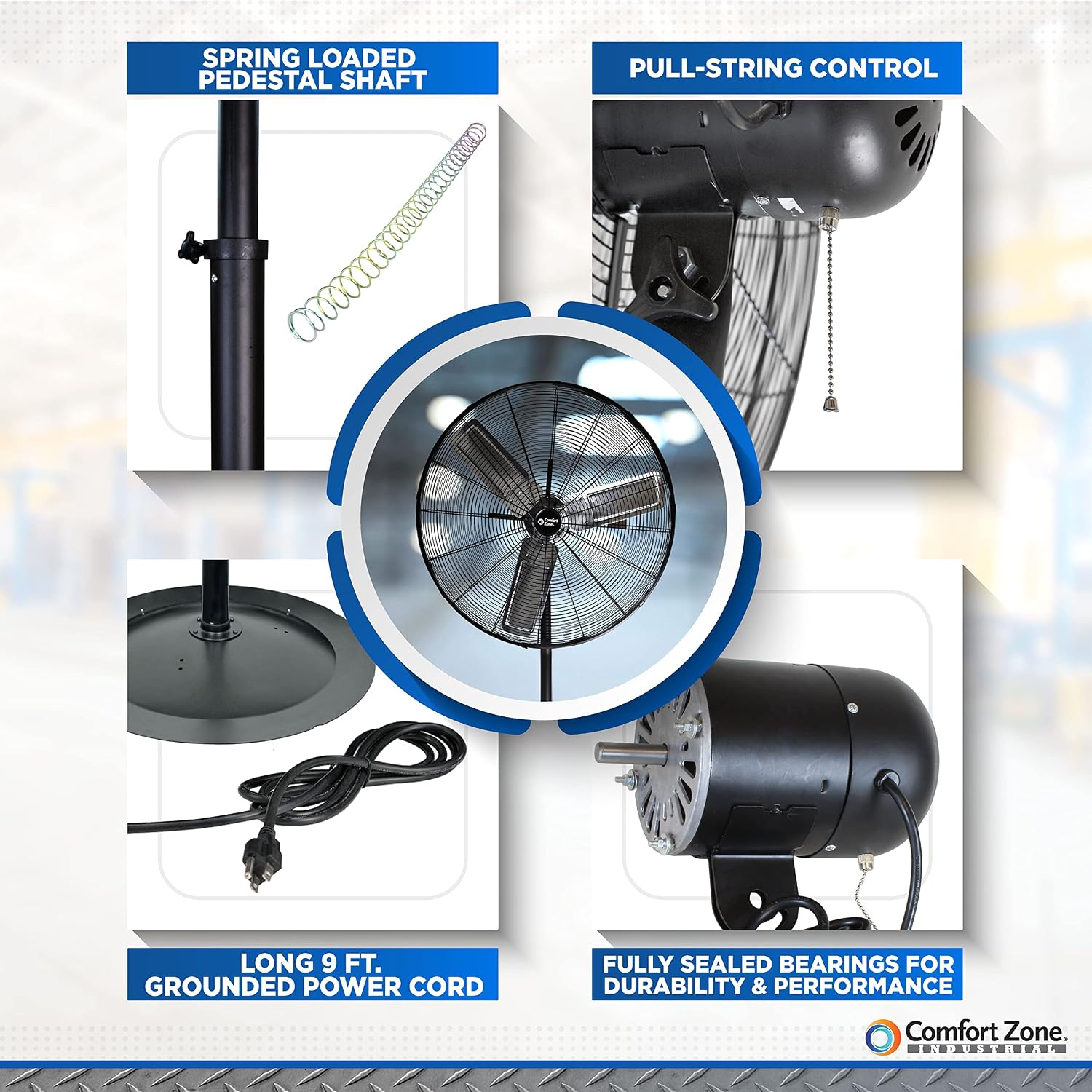 Comfort Zone Industrial Pedestal Fan, 30 inch, 3 Speed, High Velocity, Adjustable Height 56” to 76”, Metal, Meets OSHA Standards