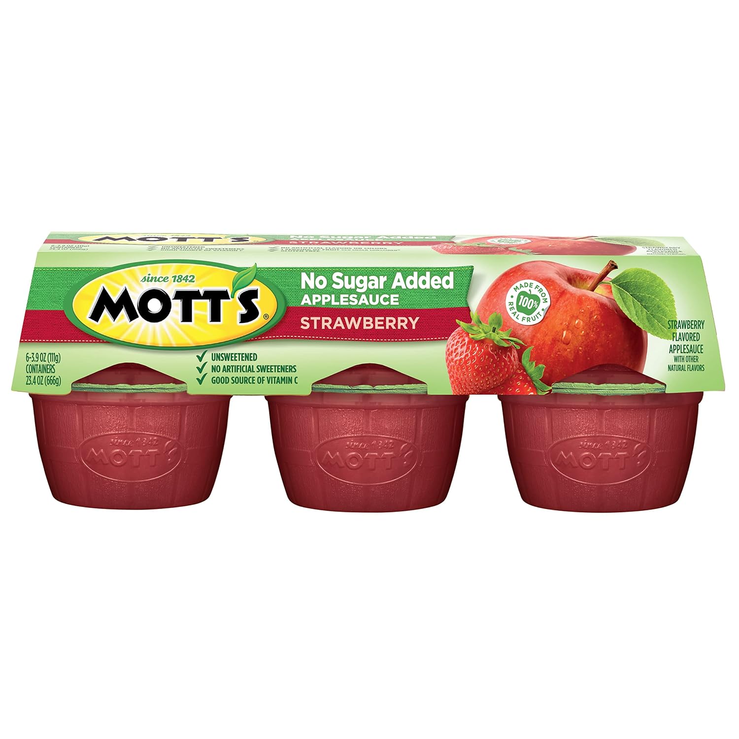 Mott's No Sugar Added Strawberry Applesauce, 3.9 Ounce Cup, 6 Count (Pack of 12)