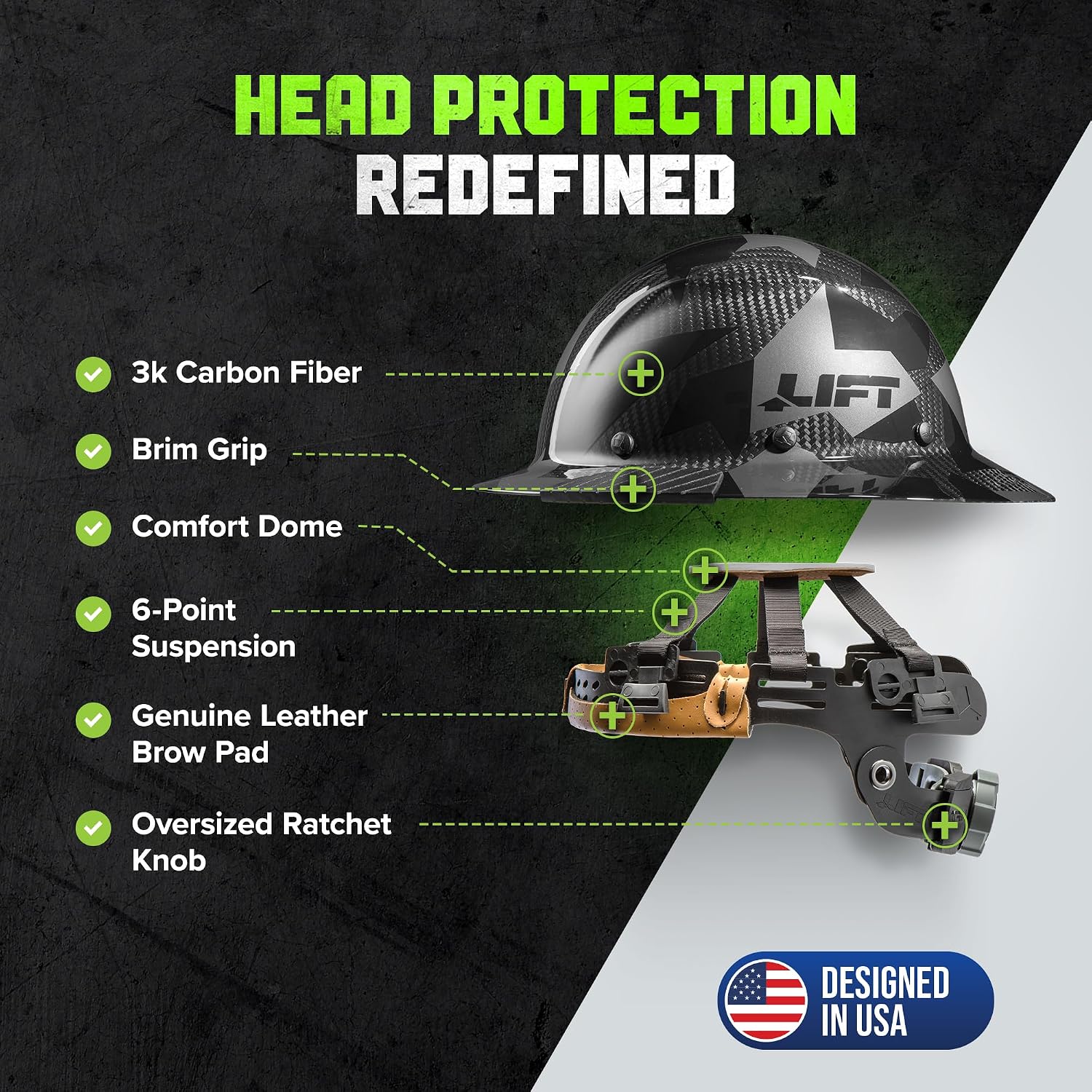 LIFT SAFETY Dax Carbon Fiber Full Brim Hard Hat | Safety/Construction Helmet w/ 6 Point Suspension for Comfort & Impact Protection
