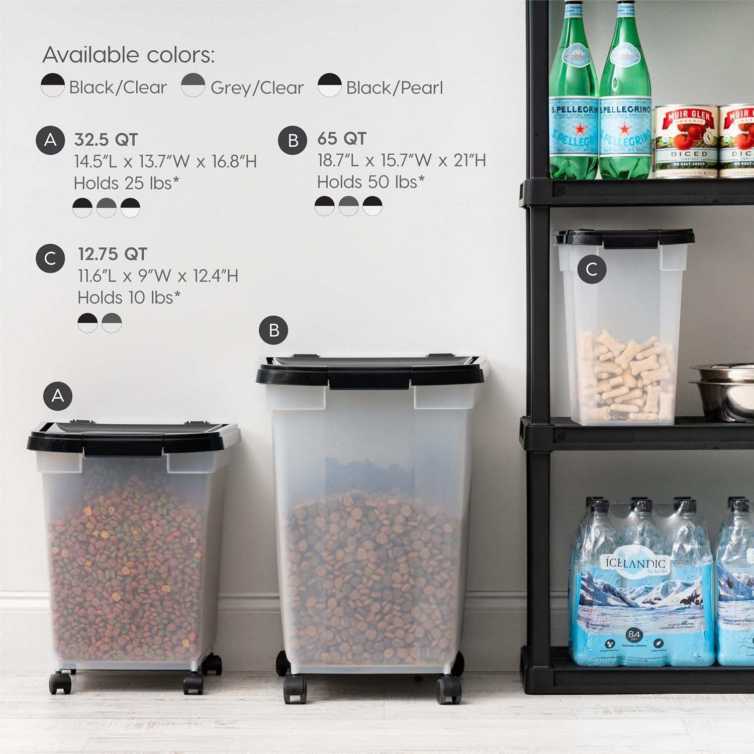 IRIS USA Dog Food Storage Container, Up to 25 lbs, Black, Made in USA | Wheels for Mobility, Airtight Seal, BPA-Free, Best for Bird Seed, Cat food, Cat Litter, Chicken Feed, Pellets