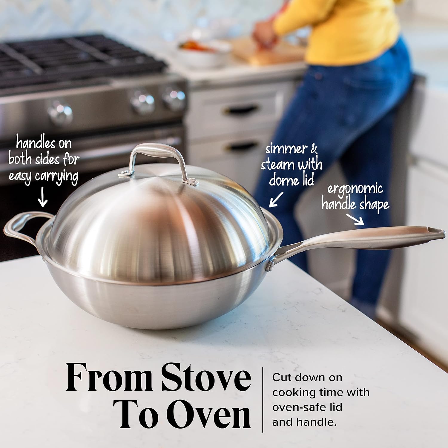 Willow & Everett Stainless Steel Flat Bottom Wok Pan, Professional Traditional Stir Fry Cookware w/Domed Lid & Spatula
