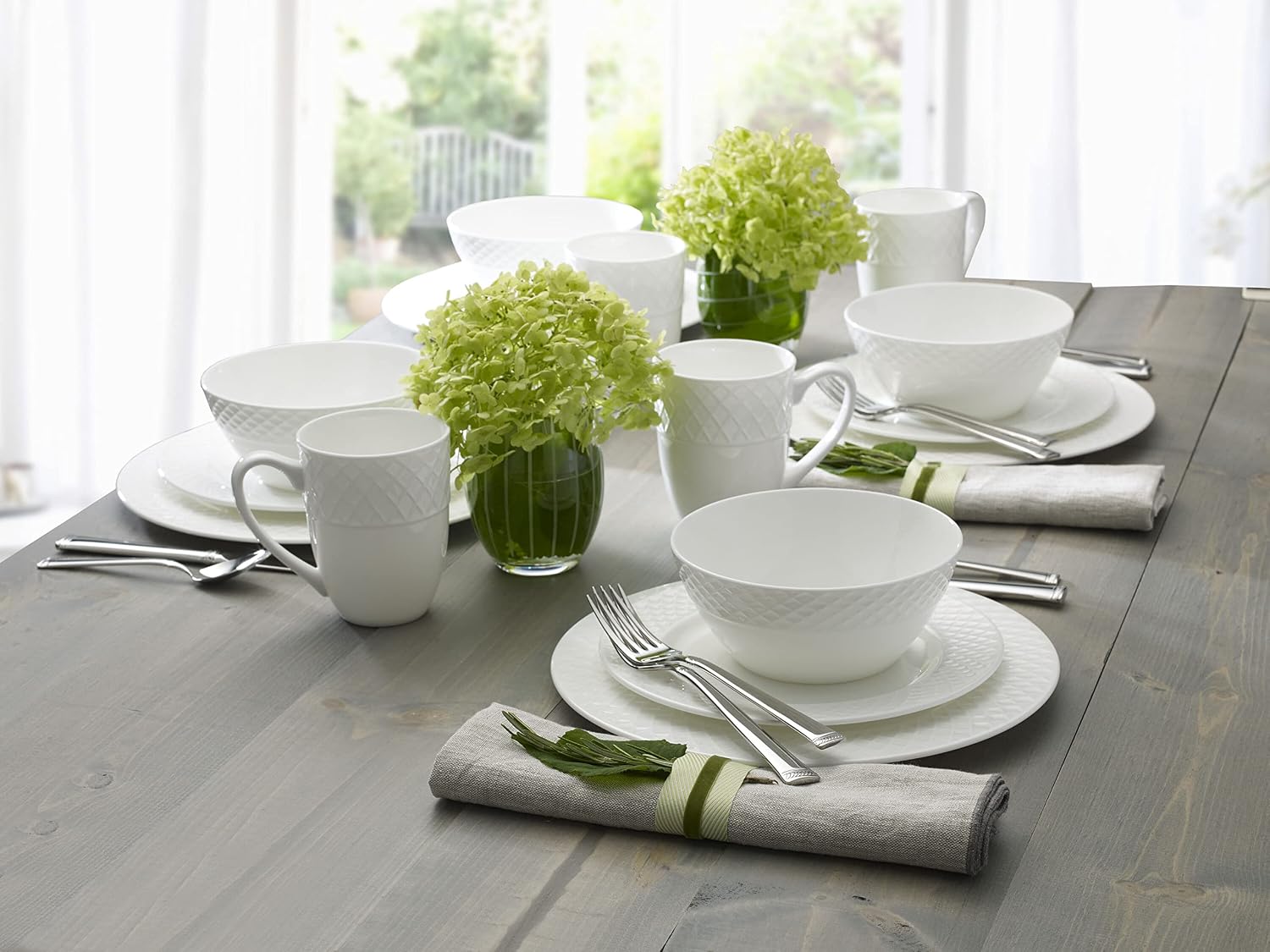 Mikasa Trellis 16-Piece Bone China Dinnerware Set, White, Includes Dinner Plates, Salad Plates, Cereal Bowls and Mugs, Dishwasher Safe