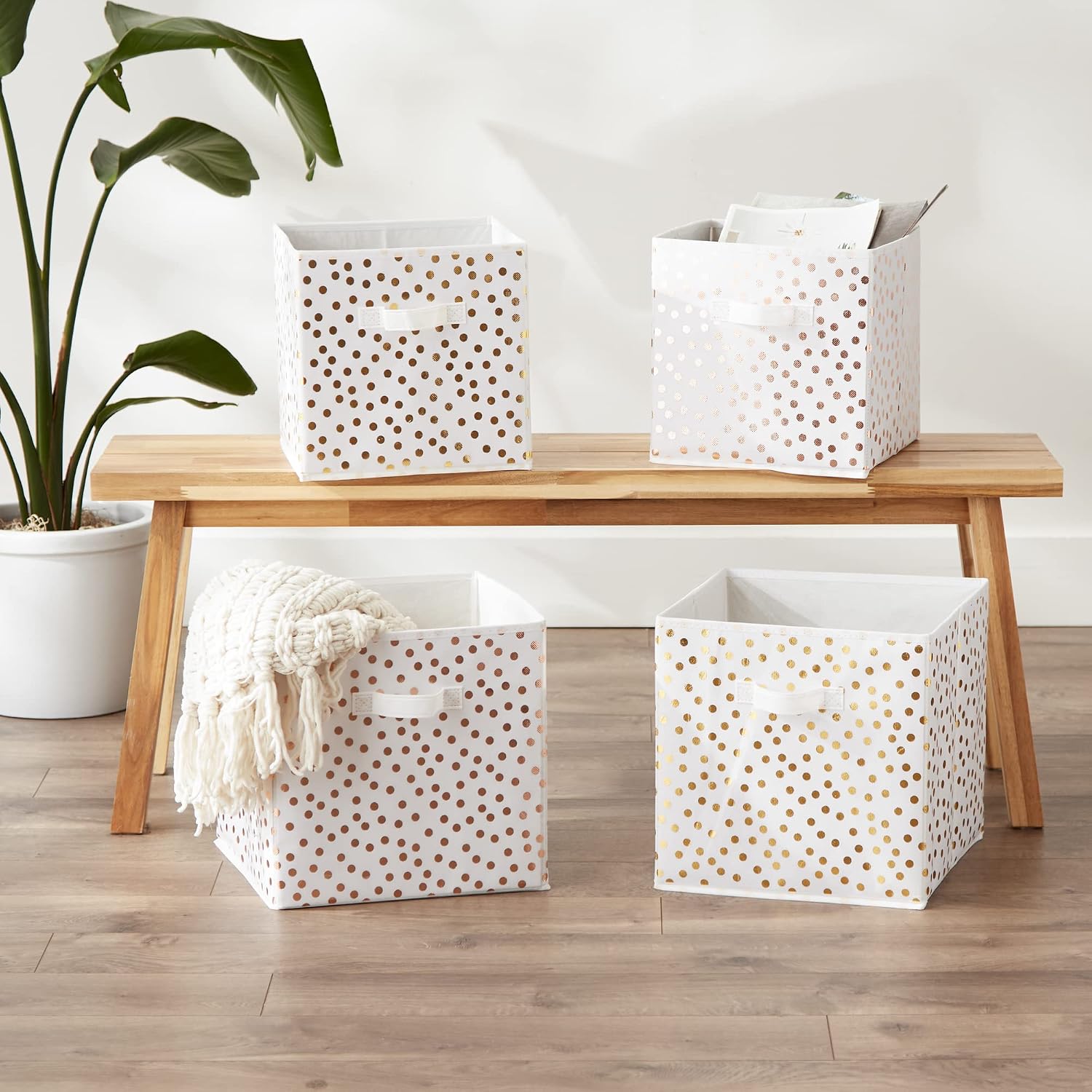 DII Woven Polyester Storage Bin, Polka Dot, White & Gold, Large Set of 2