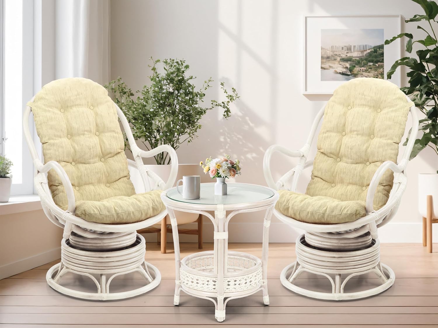 Lounge Swivel Rocking Java Chair Rattan Wicker Handmade with Cream Cushion, White Color