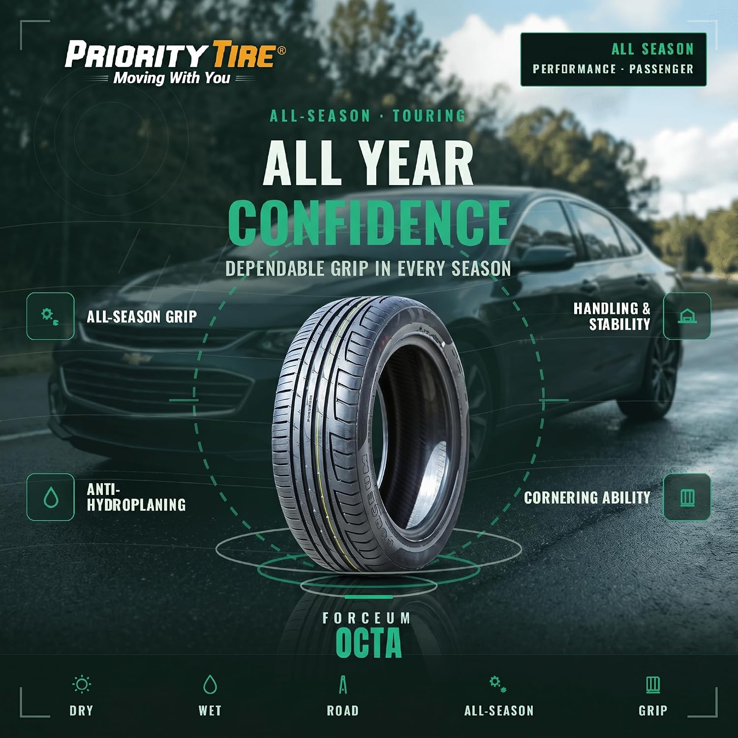 Forceum Octa All-Season High Performance Radial Tire-215/55R17 215/55ZR17 98W XL | Passenger High Performance All Season Traction 98W Rated Extra Load Radial Construction Black Sidewall Tire