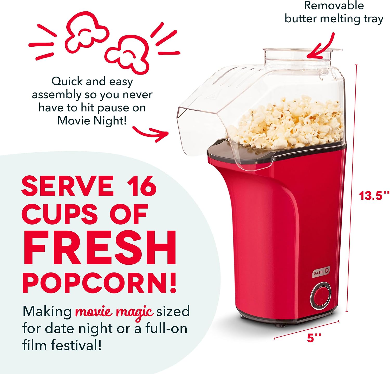 Dash Fresh Pop Popcorn Maker, 16-Cup Hot Air Popper, Aqua | Electric Popcorn Machine, Oil-Free Air Popped Popcorn, Built-In Measuring Cup & Butter Melting Tray, Movie Night Snacks