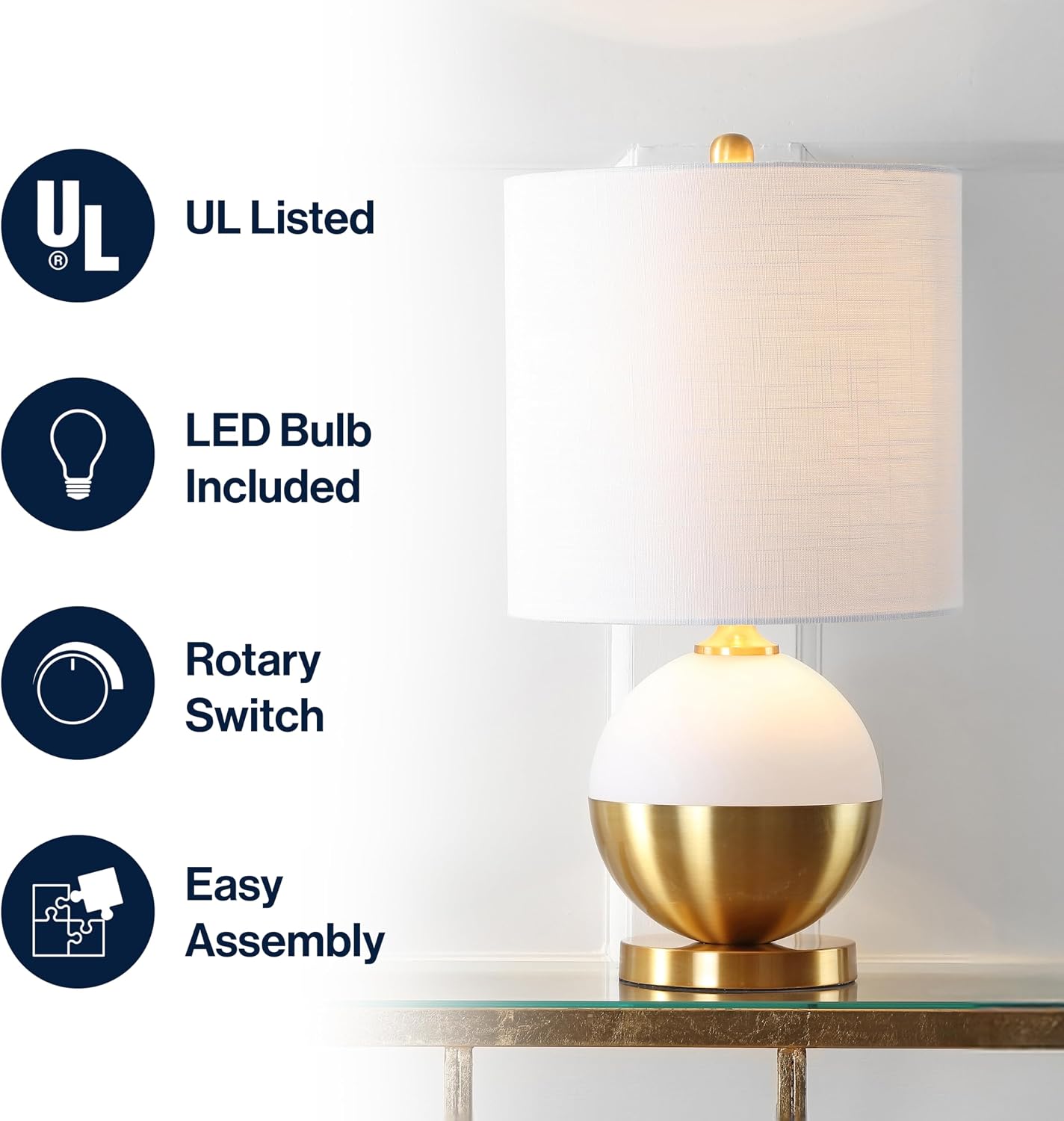 JONATHAN Y Carr Modern Table Lamp Ceramic Metal 23.5", White/Brass Gold | Contemporary Glam Nightstand Bedroom Desk Light, Linen Drum Shade, Silk Cord