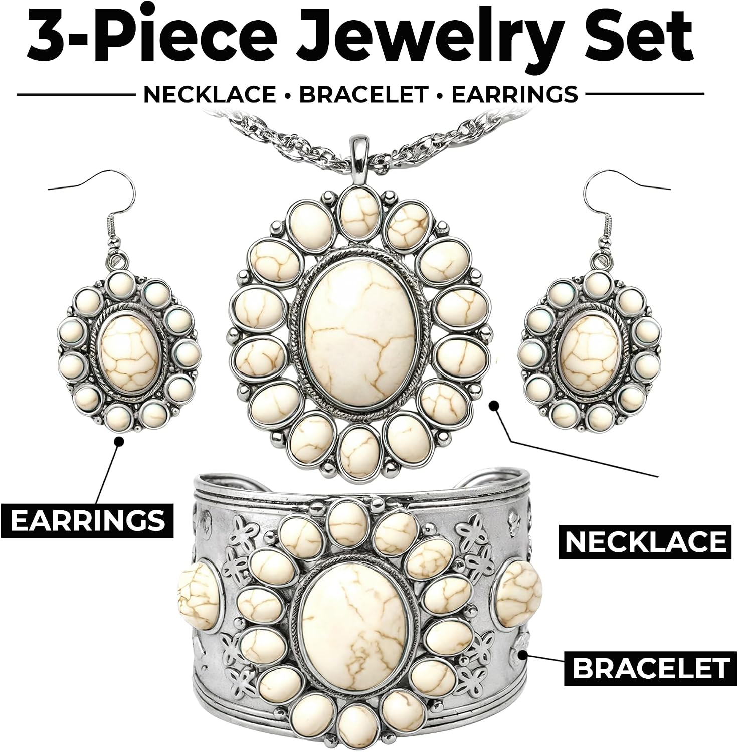 Shop LC Howlite Western Jewelry Set for Women Boho Cowgirl | 3-Piece Necklace Bracelet Earrings, Turquoise-Inspired, Chunky Statement, Southwestern