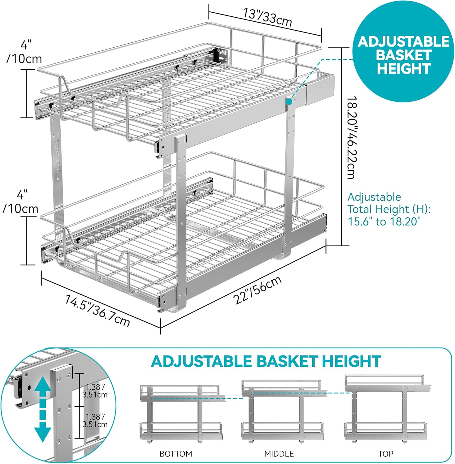 2 Tier Pull Out Cabinet Organizer 11" W X 22" D, Chromed, Full Slide Out