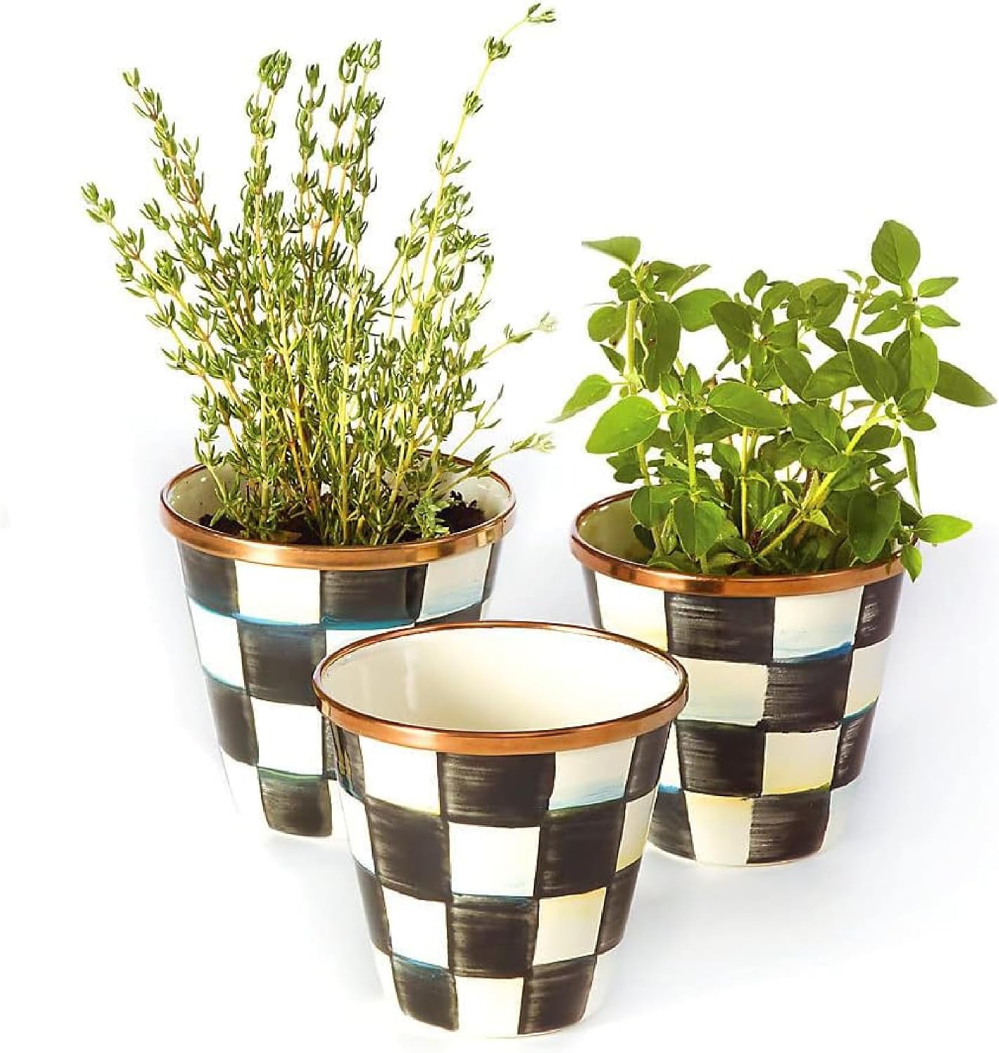 MACKENZIE-CHILDS Enamel Herb Pot Set, Small, Black-and-White Courtly Check | Hand-painted design, small plant pots for herbs or flowers, 8-ounce capacity per pot, set of 3