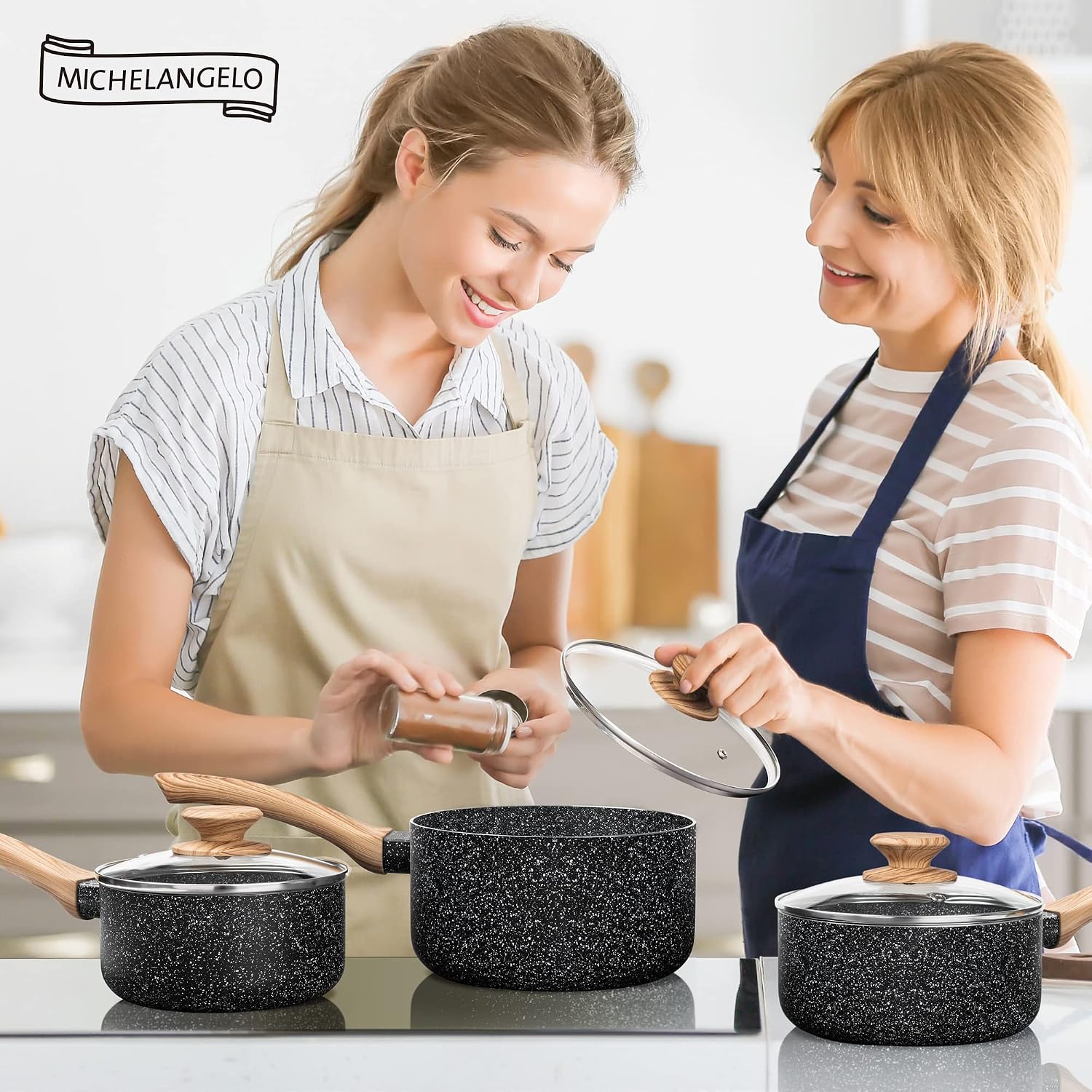 MICHELANGELO 3 Quart Saucepan with Lid, Nonstick Sauce Pan with Lid, Small Sauce Pot, Granite Coating Sauce Pan 3 Quart