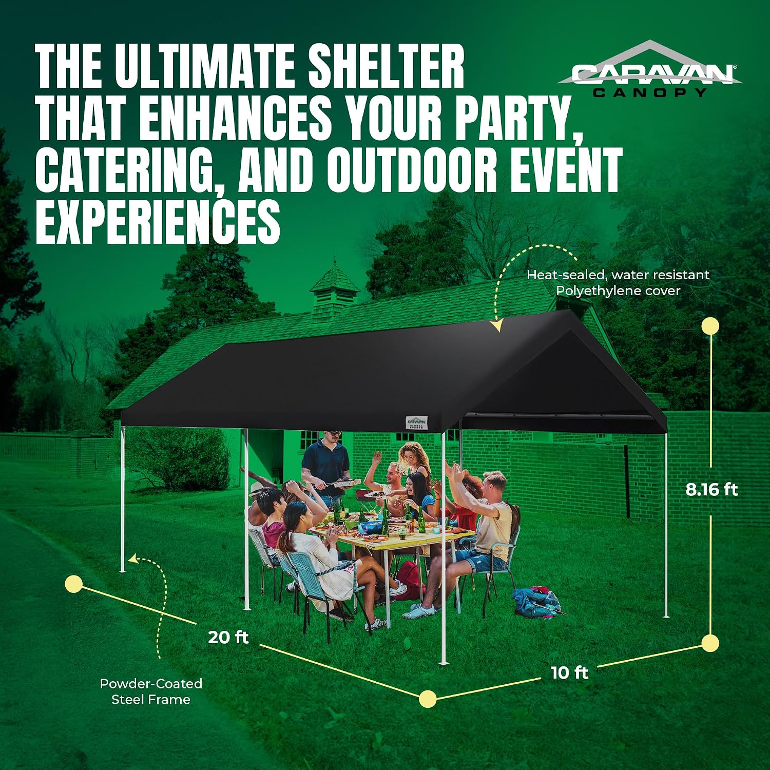 Caravan Canopy Powder Coated Heavy Duty Steel Frame Pop Up Carport with 6 Steel Stakes for Outdoor Activities and Events, White