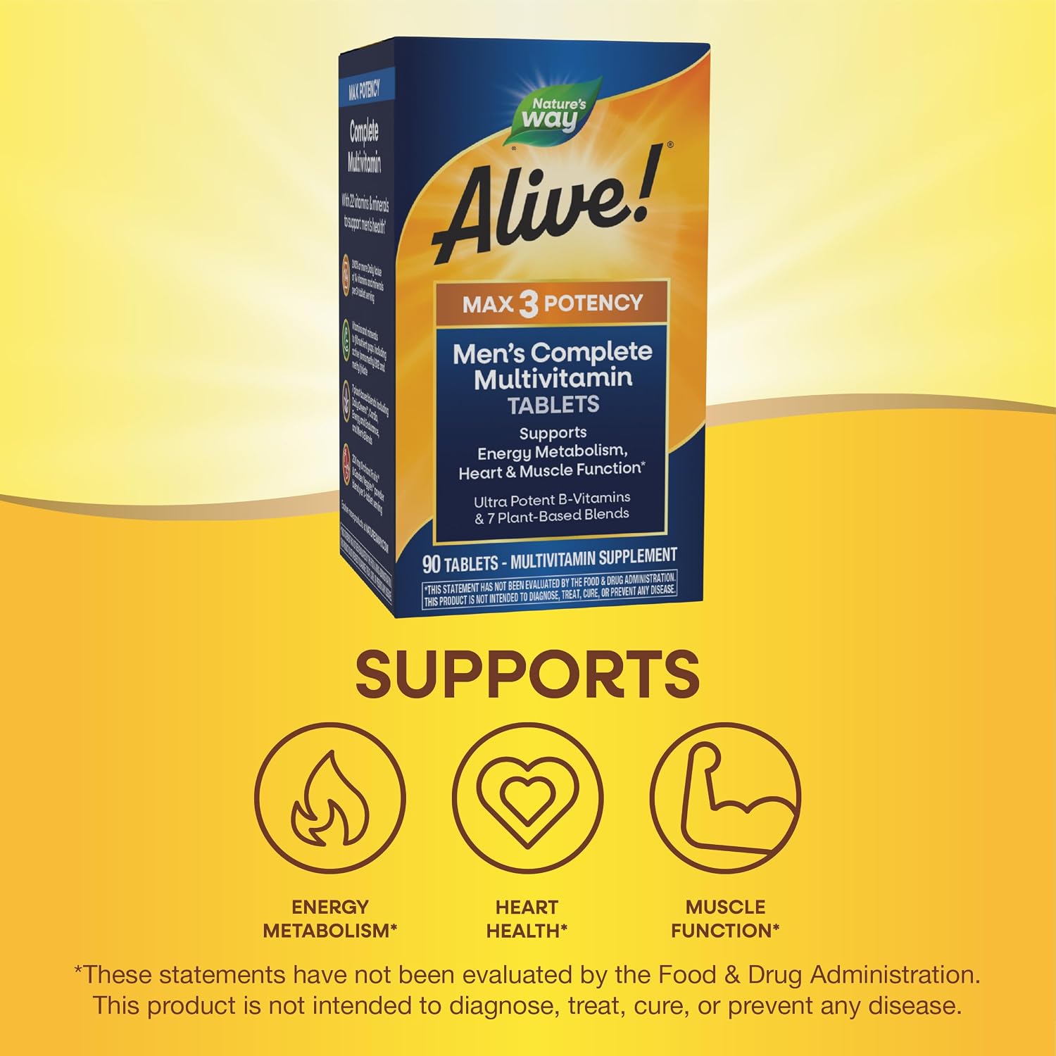 Nature's Way Alive! Men’s Max3 Potency Daily Multivitamin, 90 Tablets | High Potency Multivitamin for Men with B-Vitamins for Cellular Energy*, Supports Heart, Muscle and Eye Health*