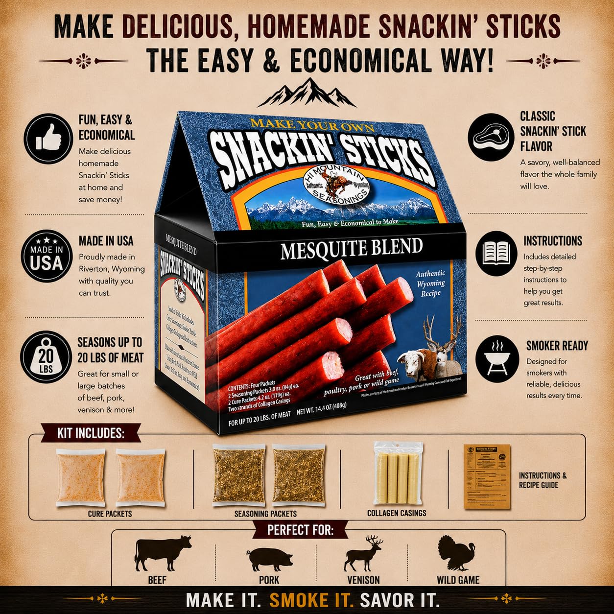 Hi Mountain Snack Stick Seasoning Kit | ORIGINAL | Makes 20 lbs | Complete Snack Stick Kit, Seasoning, Cure, Casings, & Directions Included, For Beef, Deer, Elk, Venison & Wild Game Meat