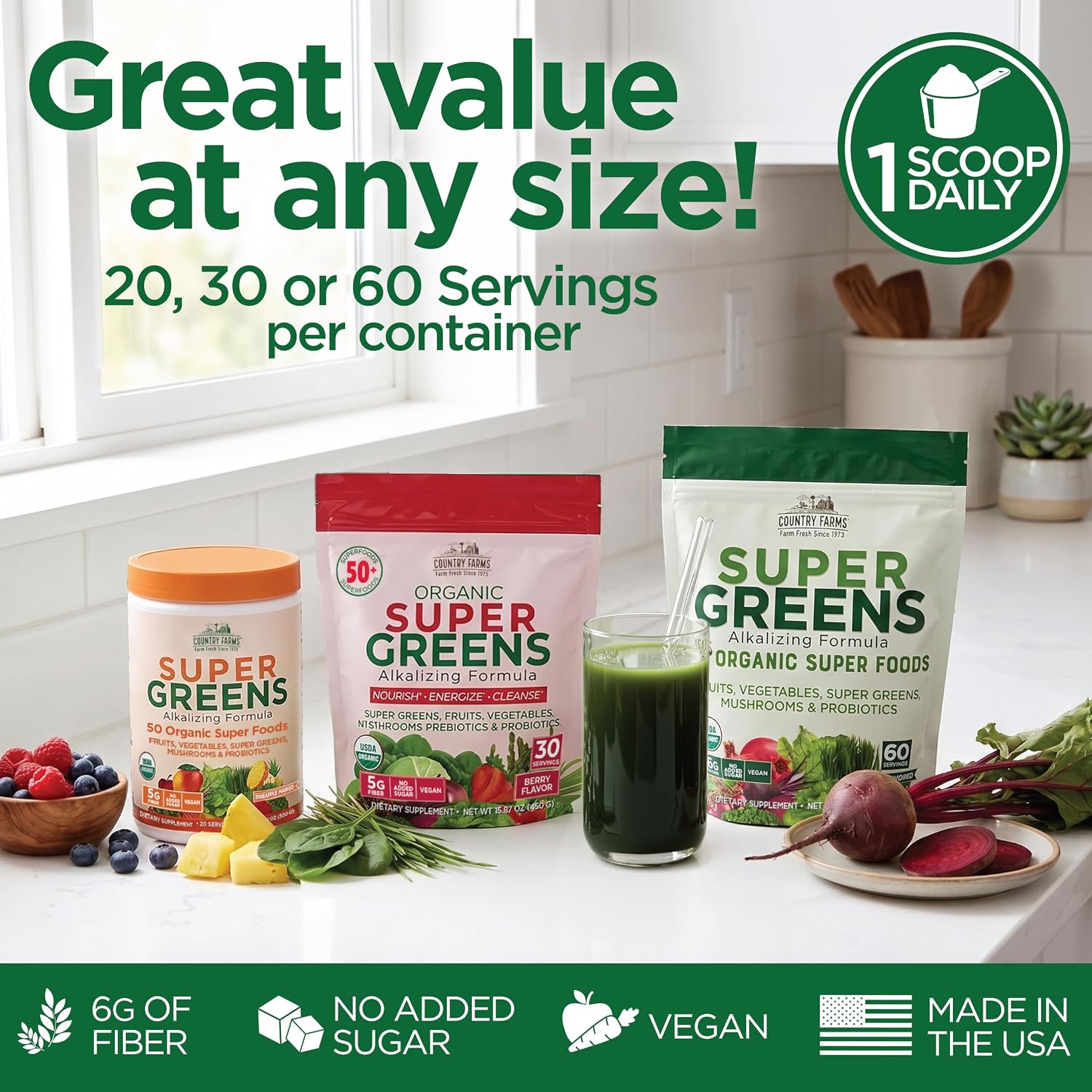 Country Farms Organic Super Greens Powder, Daily Greens Drink Mix with 50 Organic Superfoods, Fruits, Vegetables, Fiber, Mushrooms & Probiotics for Gut Health, Digestion & Energy, Berry Flavor