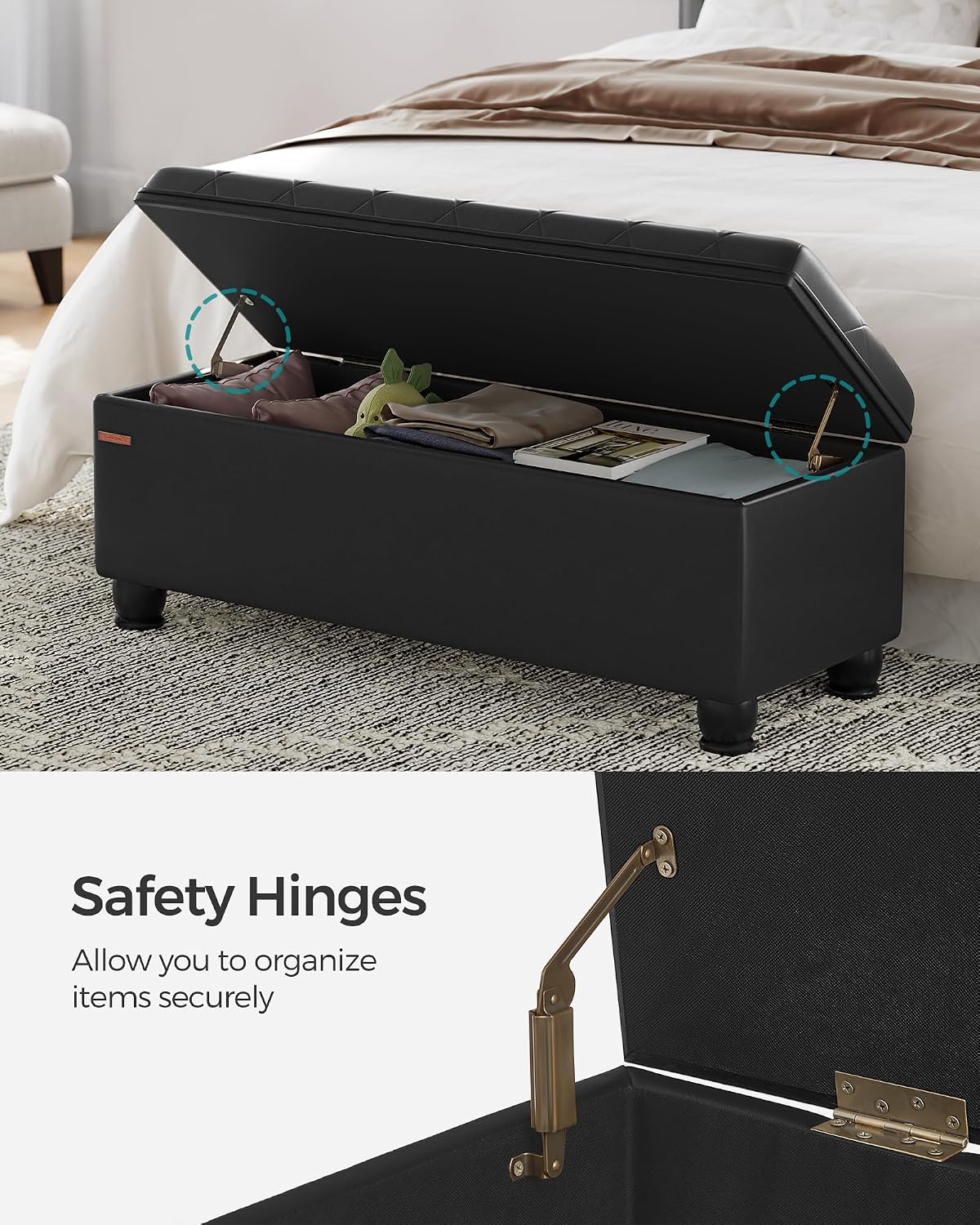 SONGMICS Storage Ottoman, 46.5 Inches Bedroom Bench, Solid Wood Legs
