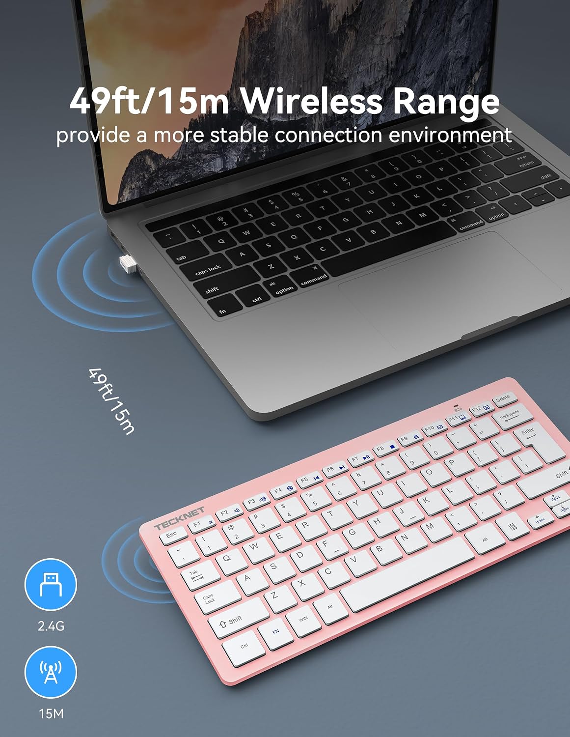 TECKNET 2.4G Wireless Keyboard - Mini Compact Keyboard with Media Hotkeys, 12-Month Battery Life, Compatible with PC, Desktop, Laptop, Smart TV - Black