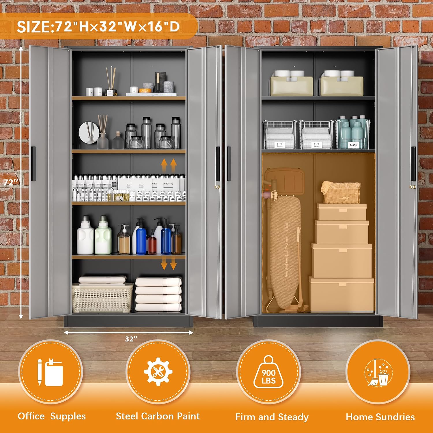 Greenvelly Steel SnapIt Storage Cabinet, 72" Locking Metal Garage Storage Cabinet with 4 Adjustable Shelves, 2 Doors and Lock for File, Office, Garage