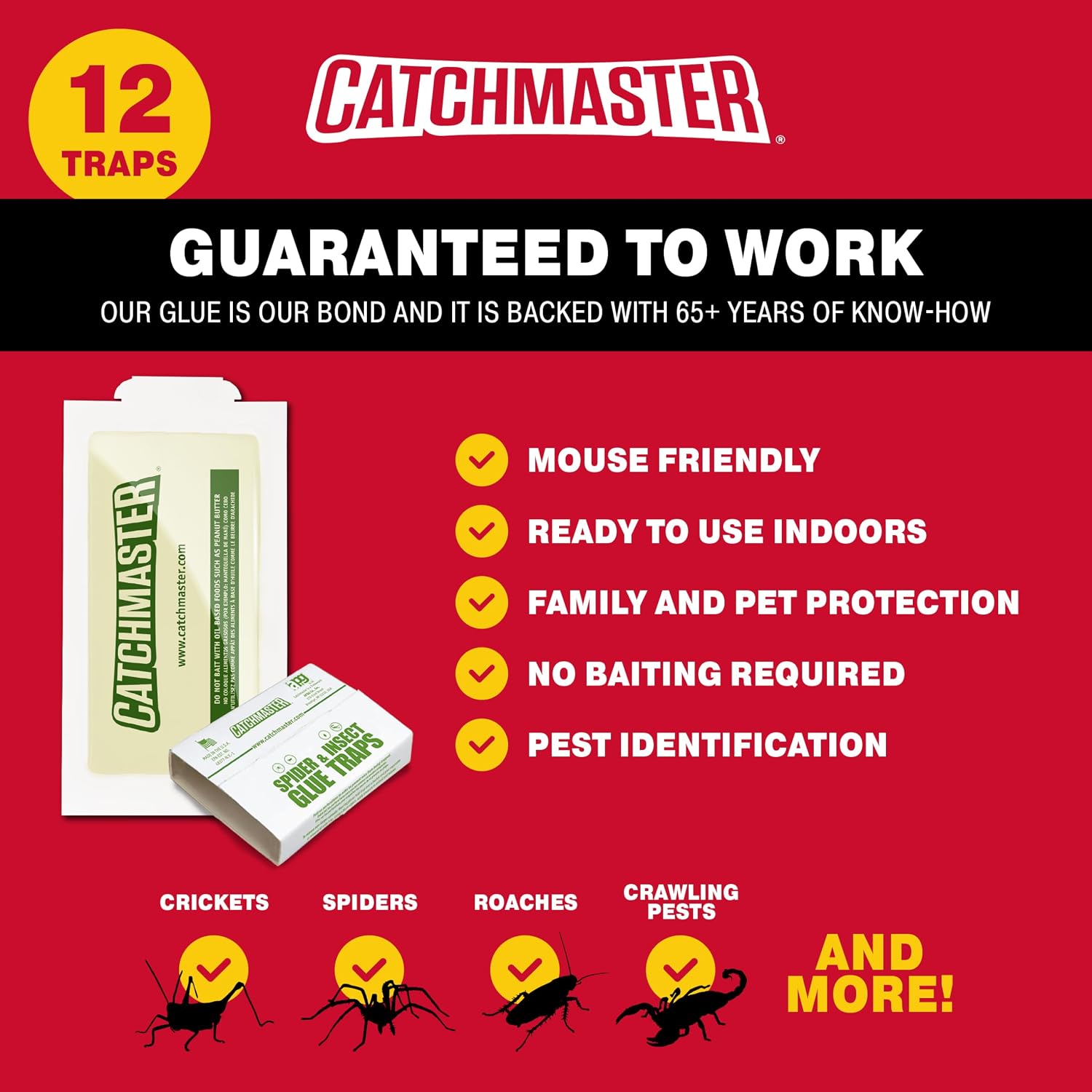 Catchmaster Crawling Pest & Insect Glue Traps 12-Count (3 Packs of 4), Insect Traps Indoor for Home, Pest Control Glue Boards, Adhesive Tray for Bugs