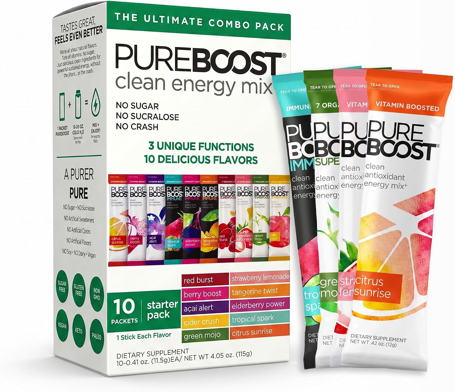 Pureboost Sugar-Free Clean Energy Booster Drink Mix, Citrus Sunrise 30ct | B12 vitamins, low sodium electrolytes & antioxidants. 25 vitamins and minerals. No sucralose.