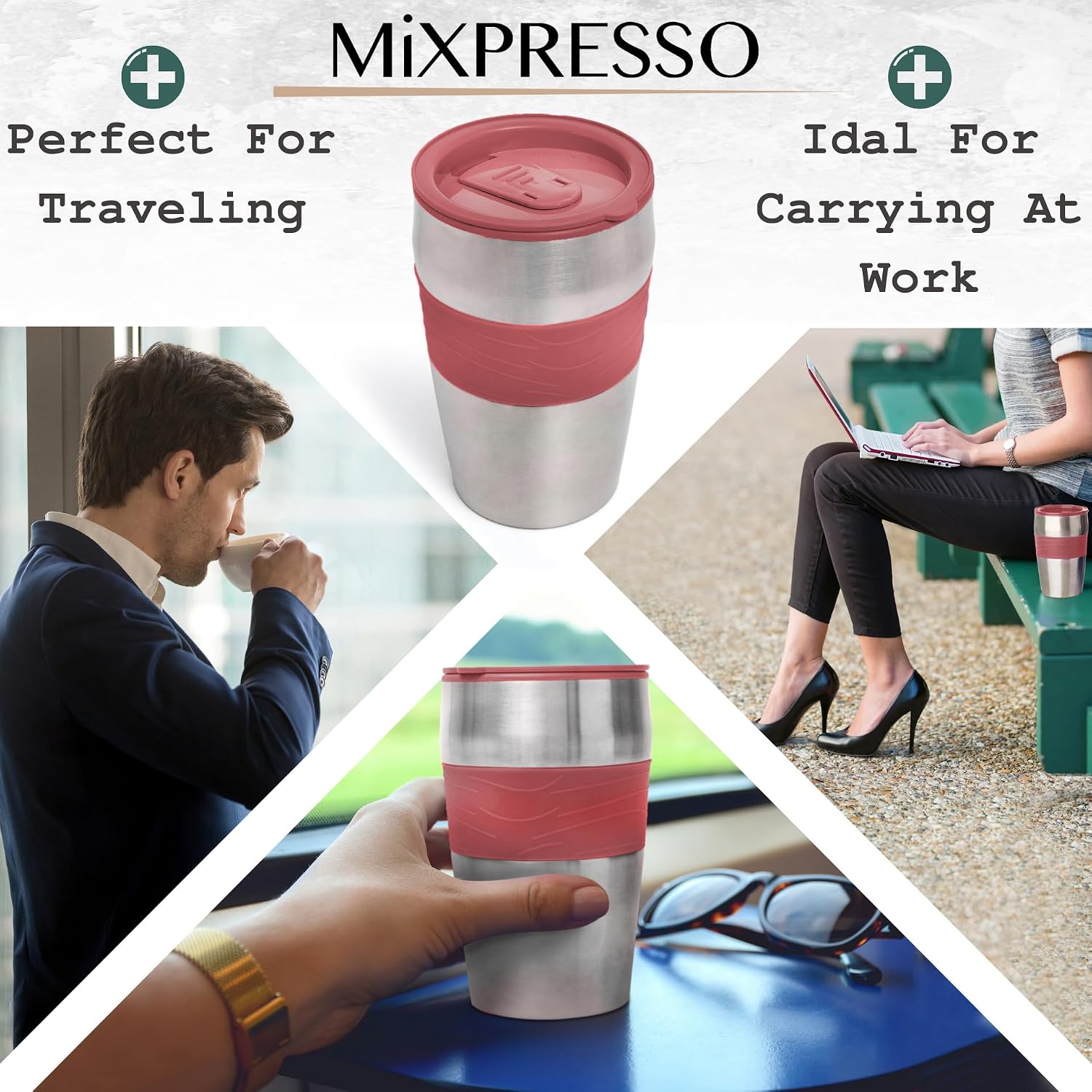 Mixpresso Single Serve & Single Cup Coffee Maker with 14oz Travel Mug Black | For ground coffee only, reusable filter, auto shut off. Compact personal drip coffee maker, not compatible with K-Cup pods.