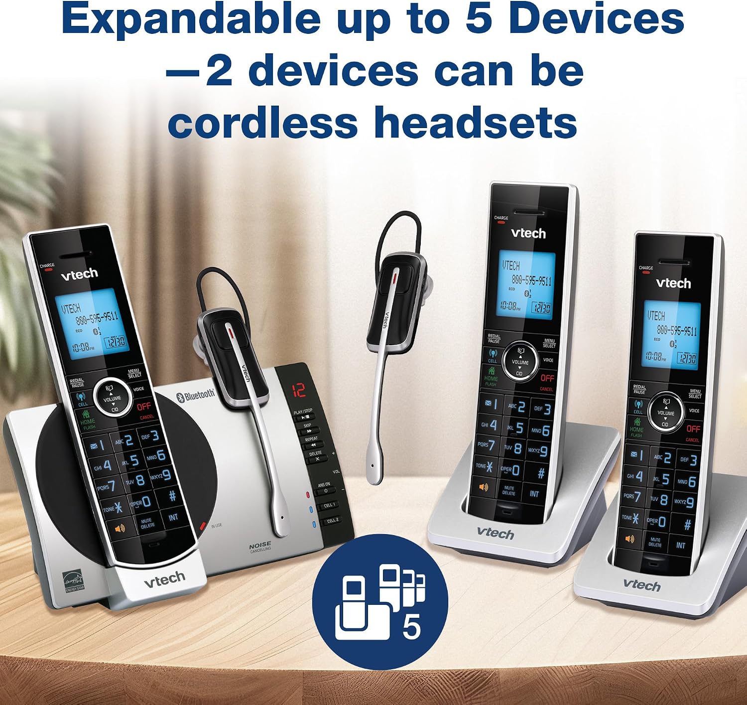 VTech DS6771-3 Connect to Cell, Cordless Phone with Answering Machine, DECT 6.0 Headset+2 Handset Intercom, Bluetooth, Caller ID/Call Waiting, Expandable System - Silver/Black