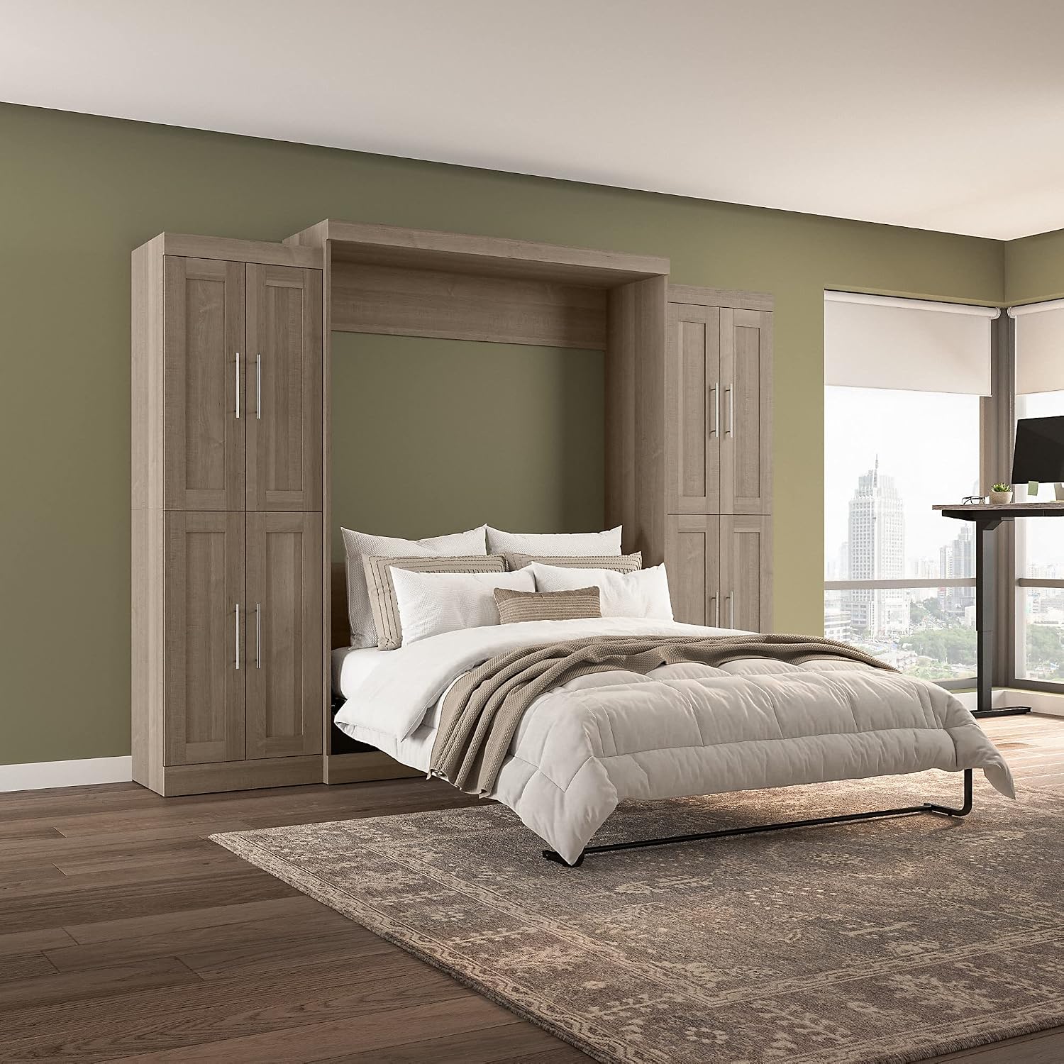 Bestar Pur Full Murphy Bed and 2 Shelving Units with Drawers, 109-inch Space-Saving Sleeping Arrangement in White | 2 Shelving Units with Drawers; supports up to 1000 lb; min. ceiling height 86.4 in.; dual piston mechanism; 10-year warranty