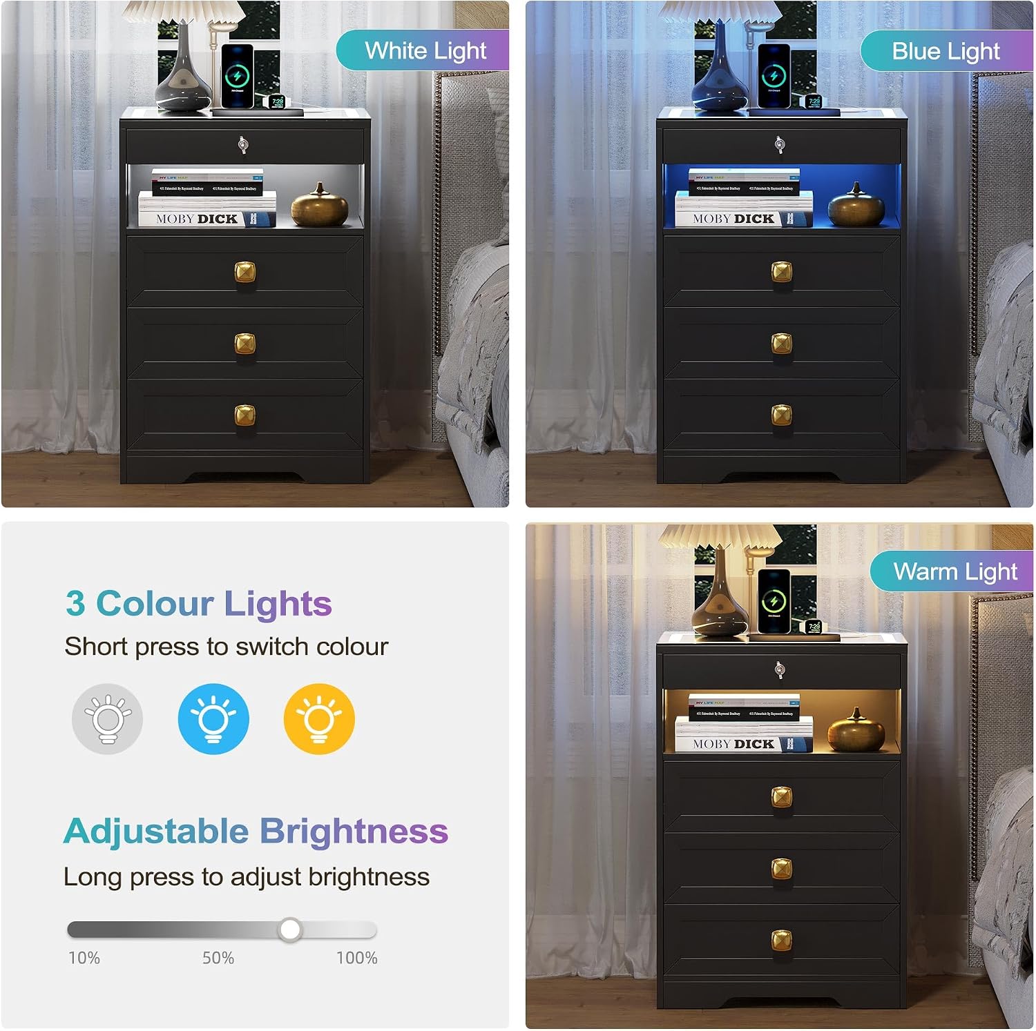 Lvifur LED Nightstand with Lockable Gun Drawer and Human Sensor, Black | USB & Type-C Charging Station, 3 Dimmable Lights, Adjustable Brightness, 3 Drawers, Farmhouse Style, Human Body Induction