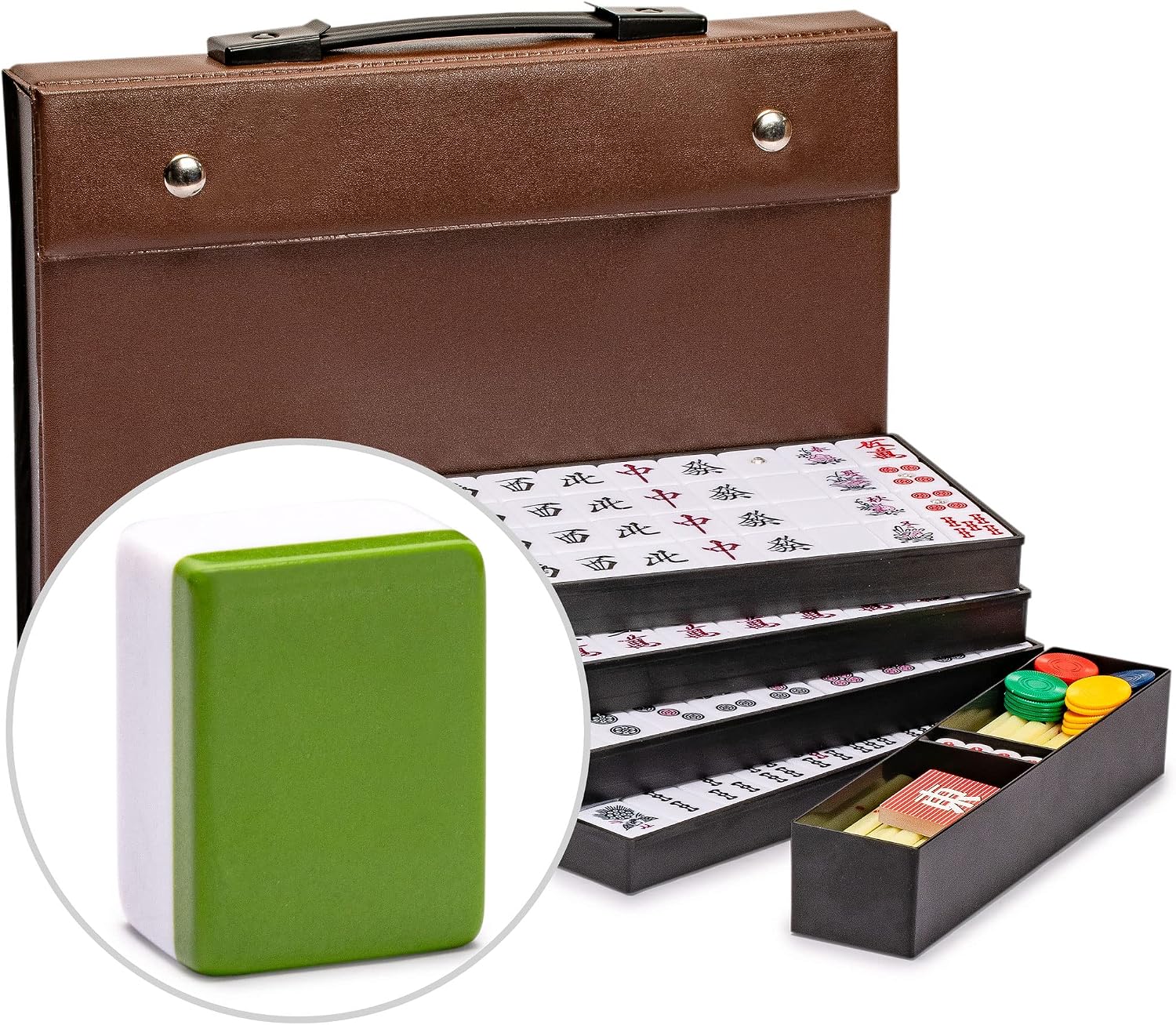 Yellow Mountain Imports Japanese Riichi Mahjong Set - White and Yellow Standard Size Tiles - with East Wind Tile and Black Vinyl Case