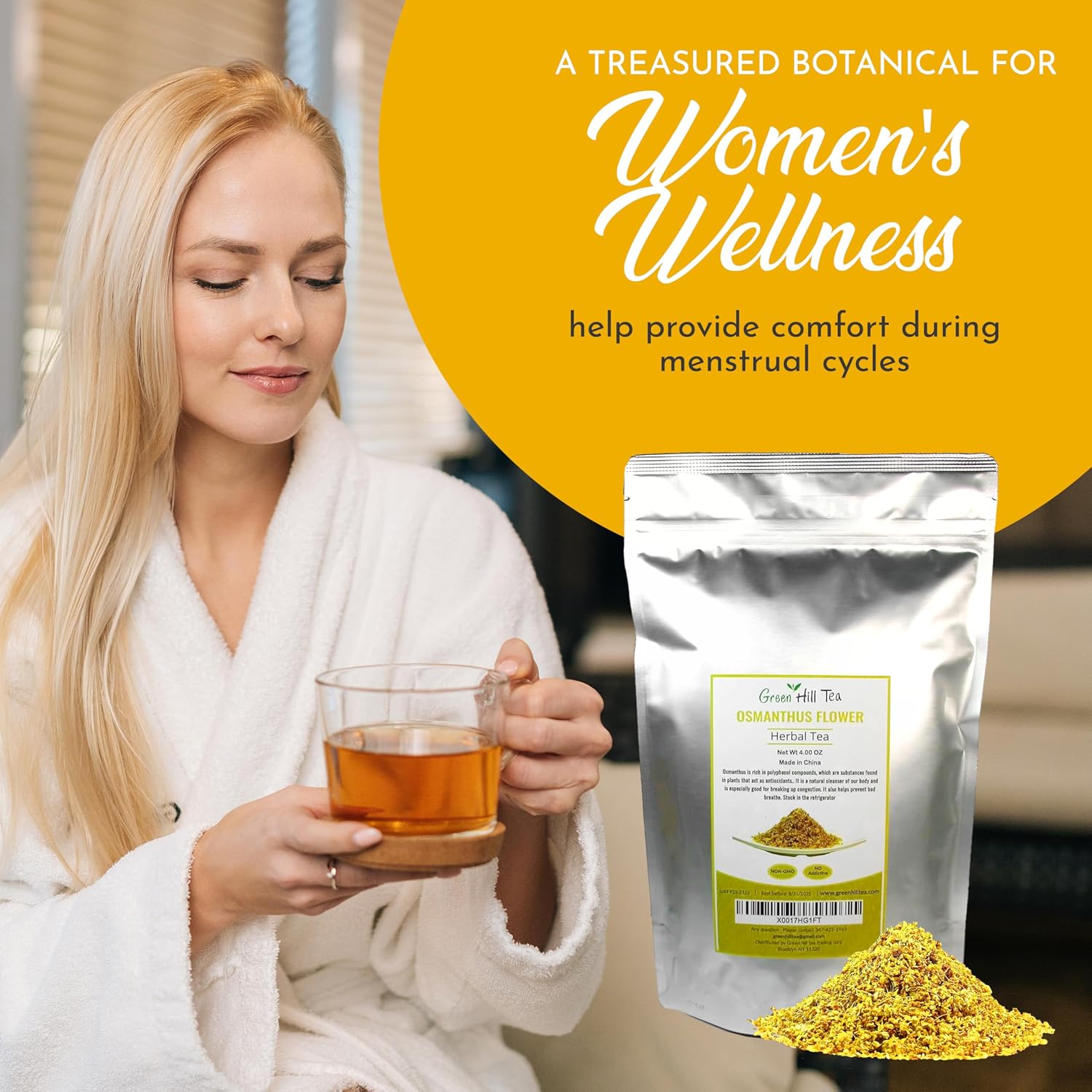 Green Hill Tea Osmanthus Flower Dried – Premium– Fragrant Osmanthus Dried Flowers -Loose Leaf Tea – 100% Pure, Natural, Non-GMO – Great for Brewing, Baking & Infusions 4 OZ