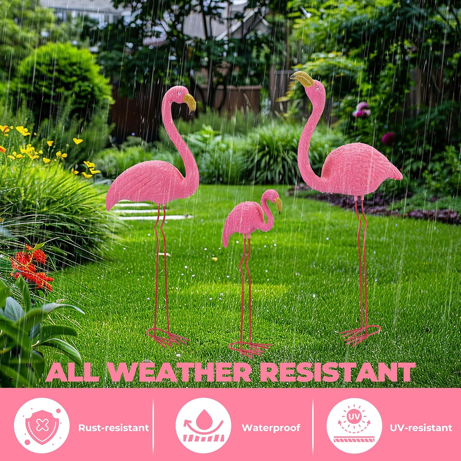 Ohuhu Family Flamingo Yard Ornaments, Set of 3 (32", 31", 19"), Pink | Metal Feet Stakes Bright Pink Flamingos Family, Garden Yard Patio Decoration