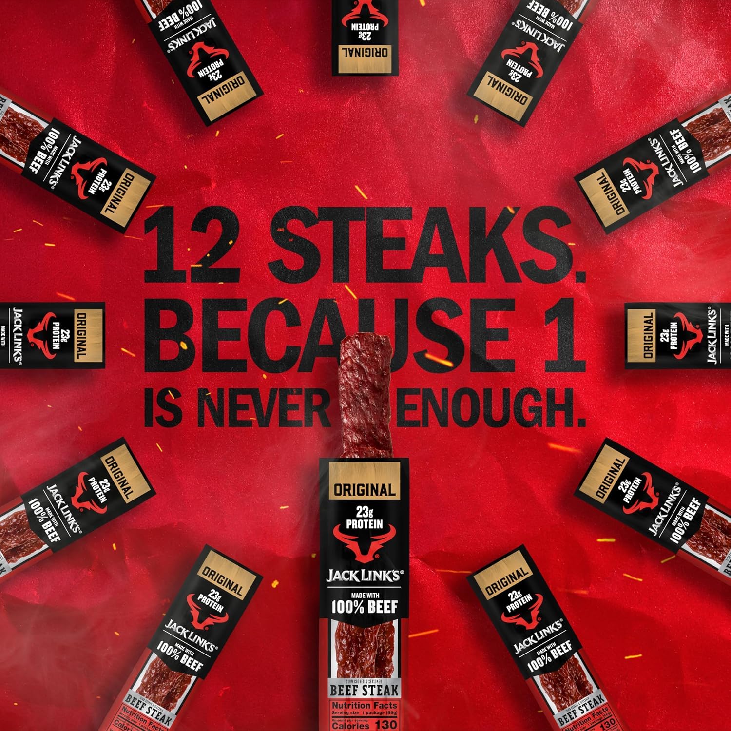 Jack Link's Beef Steak, Original - Protein Snacks, Jerky Meat Snack with 23g of Protein, Made with 100% Beef, Individually Wrapped Bulk Snack Pack, Keto Friendly - 2 Oz. (12 Count)