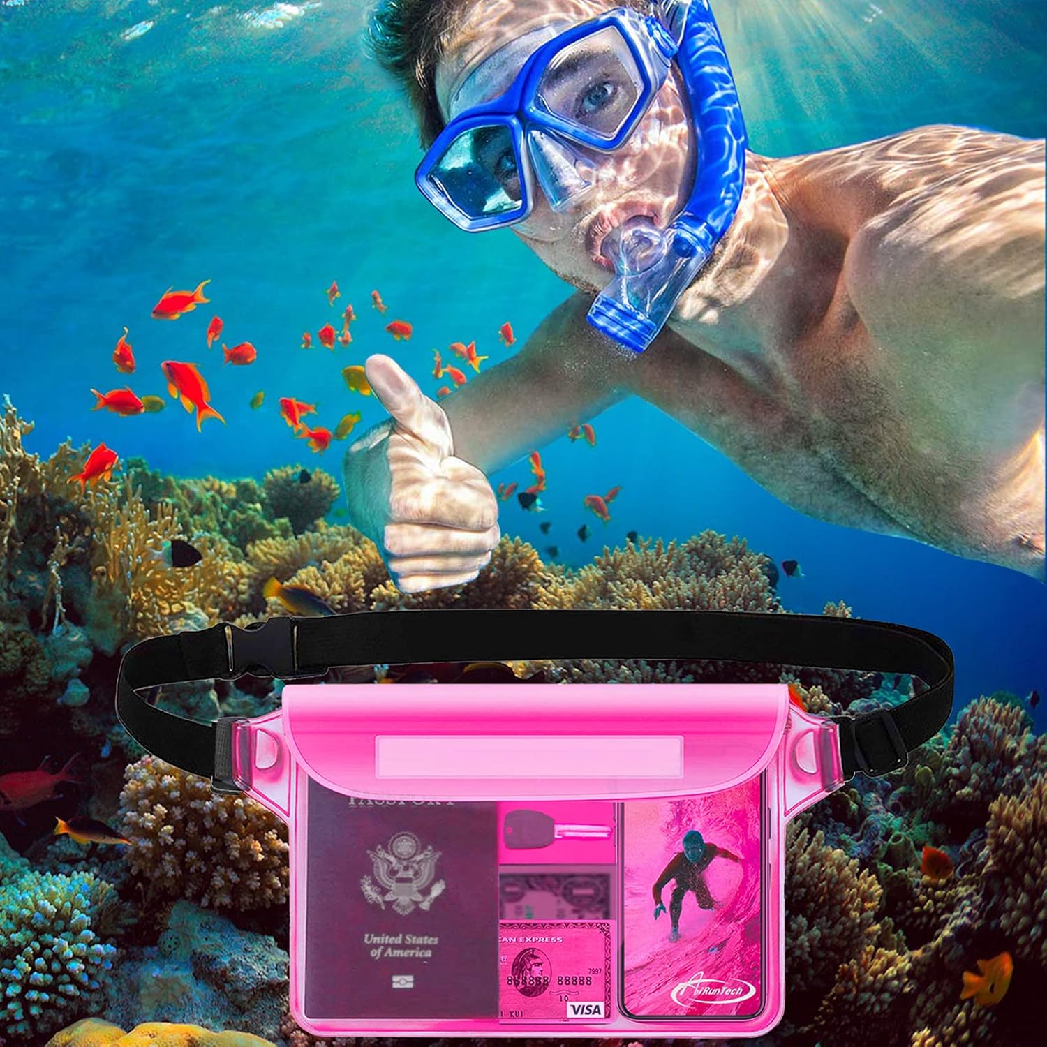 AiRunTech Waterproof Fanny Pack,Phone Pouch Dry Bag for Passport Wallet Purse,Floating Waterproof Bags for Travel Beach Swimming Kayaking Boating Cruise Accessories
