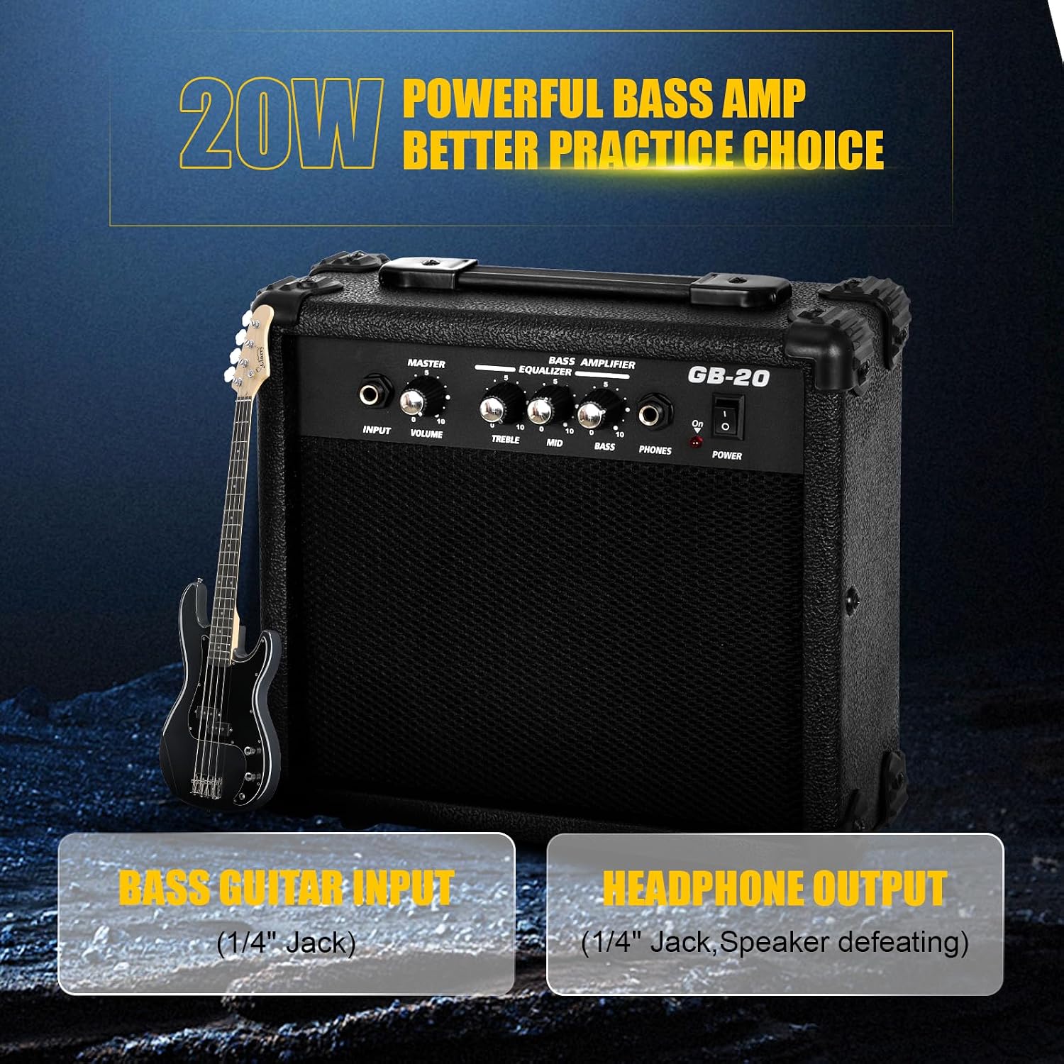 GLARRY Full Size Electric Bass Guitar Beginner Kit 4 String Exquisite Basswood Bass with 20W AMP, Cable, Strap, Bag and Accessories (Transparent Blue, 39"Right Handed)