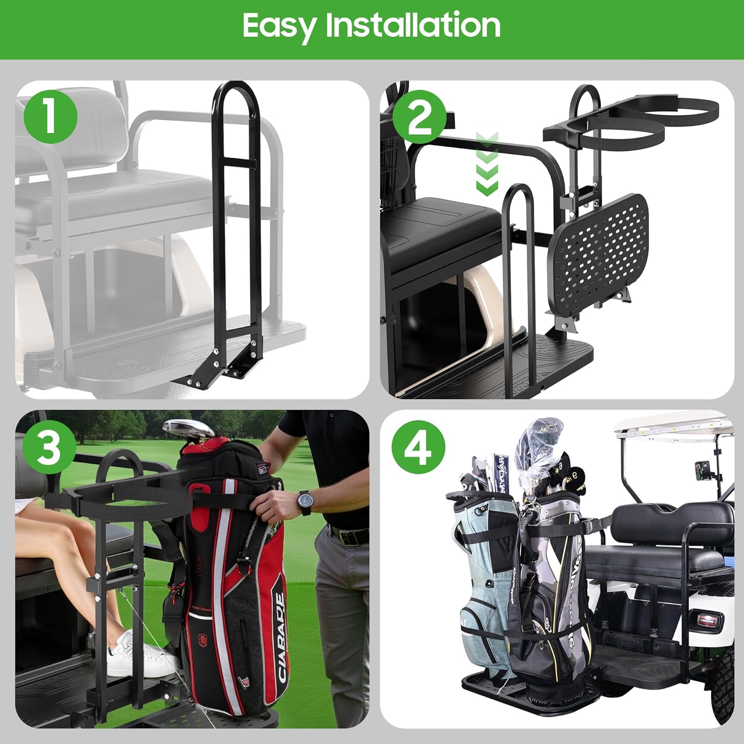 10L0L Universal Foldable Golf Cart Rear Seat Bag Holder - No-Drill Bag Rack for Yamaha EZGO Club Car, Fits Safety Grip Bar up to 8" Wide