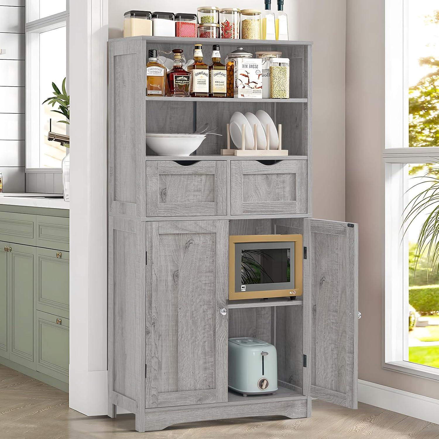 Iwell Storage Cabinet with 2 Drawers & Adjustable Shelves, Cupboard, Floor Cabinet for Living Room, Home Office, Rustic Brown