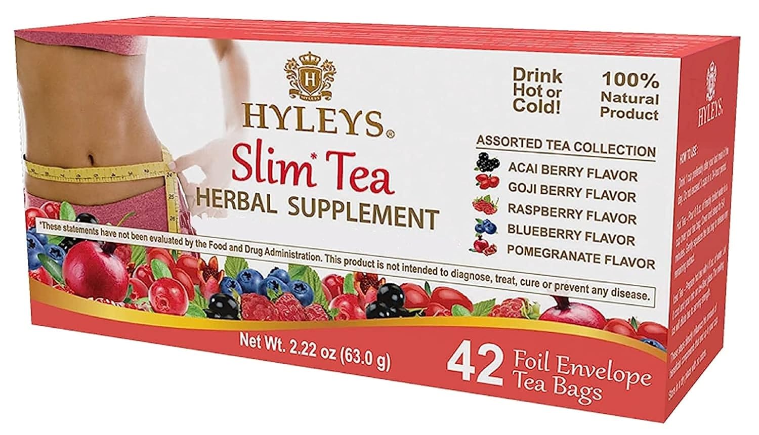 HYLEYS Slim Tea Goji Berry, Weight Loss Detox, Slimming Diet Tea, 25 Bags | Green Tea, Senna Detox & Cleanse, 3 Natural Ingredients, No Added Sugar, 1-Step Bedtime Routine, Supports Digestion