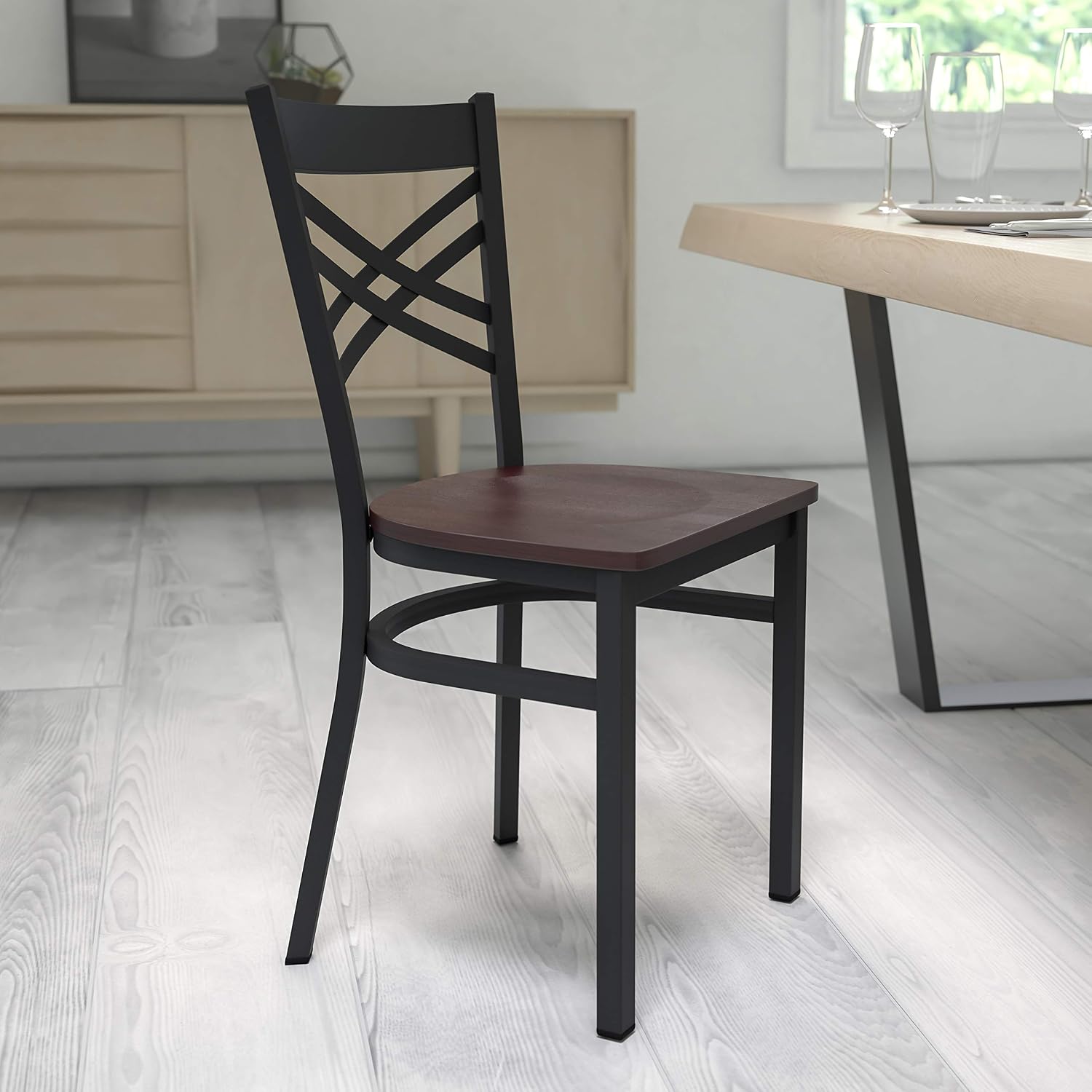 Flash Furniture Hercules Series "X" Back Metal Restaurant Chairs, Modern Upholstered Armless Dining Chairs for Restaurants/Kitchens, Set of 2, Black