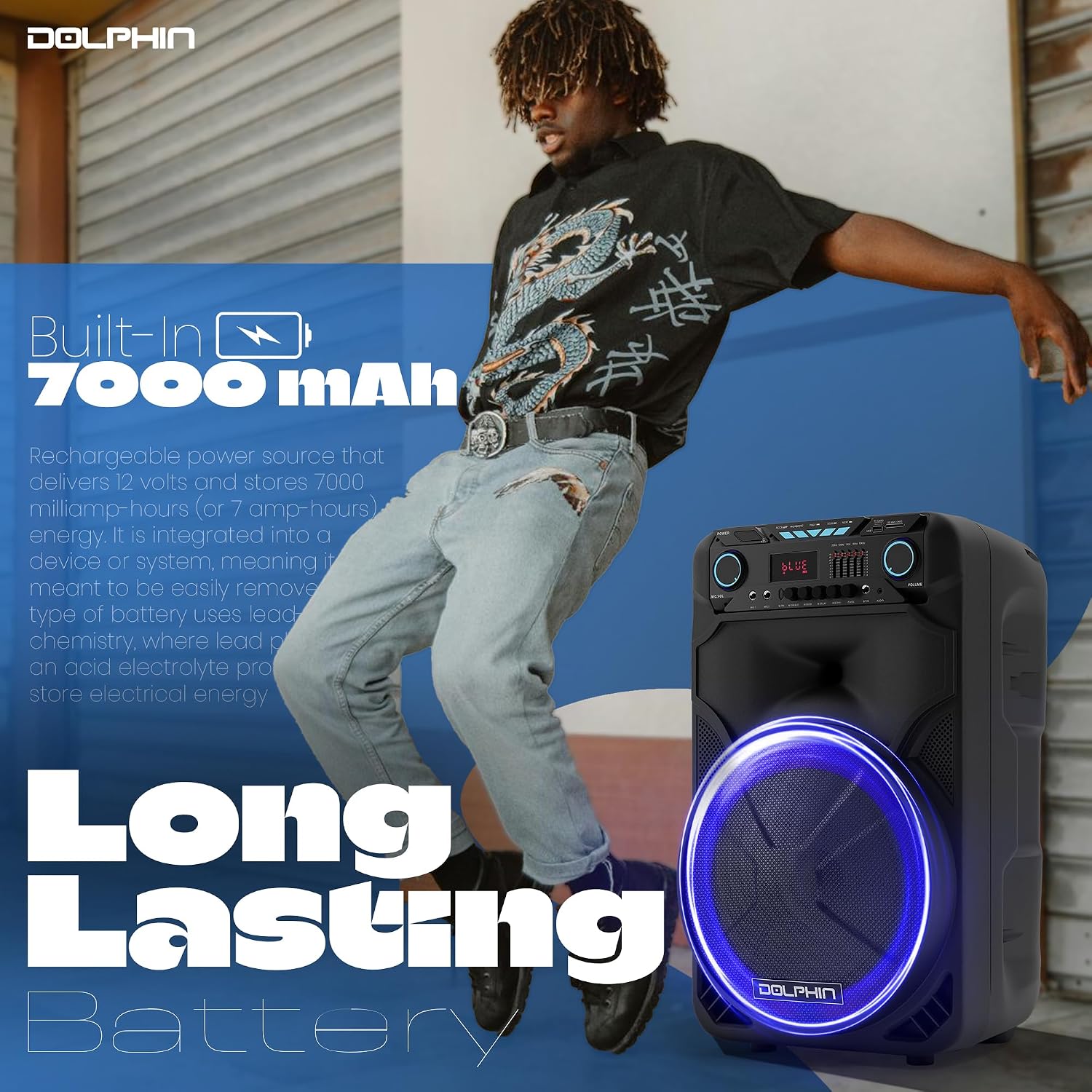 Dolphin Large Bluetooth Party Speaker with Wired Microphone, 15" Woofer | 140W Output, WaveSync Pairing, X-Bass, Digital EQ, USB, SD, FM & AUX Inputs