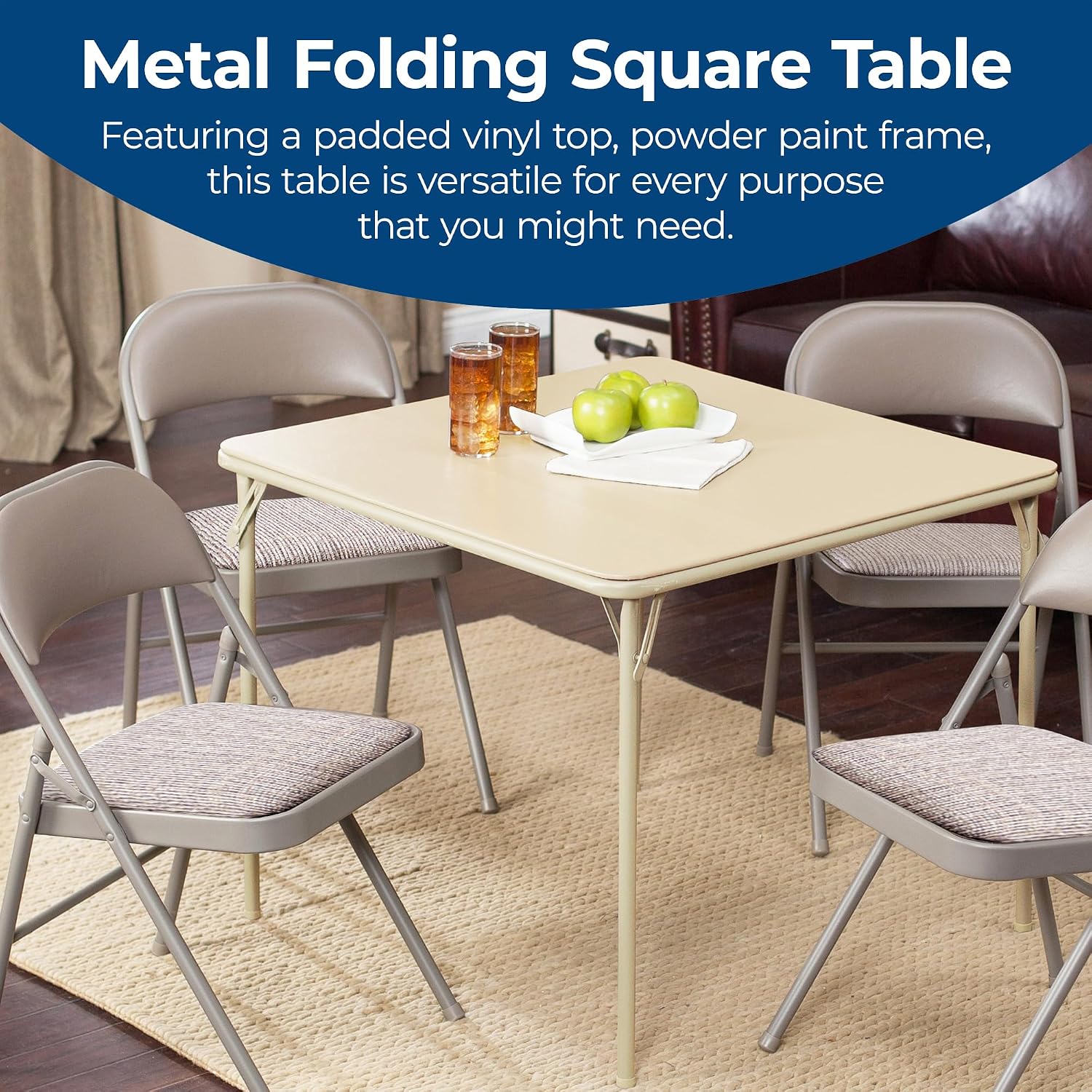 Sudden Comfort 34 by 34 Inch Portable EZ Slide Leg Lock Square Metal Padded Vinyl Top Folding Dining Card Table in Buff Tan