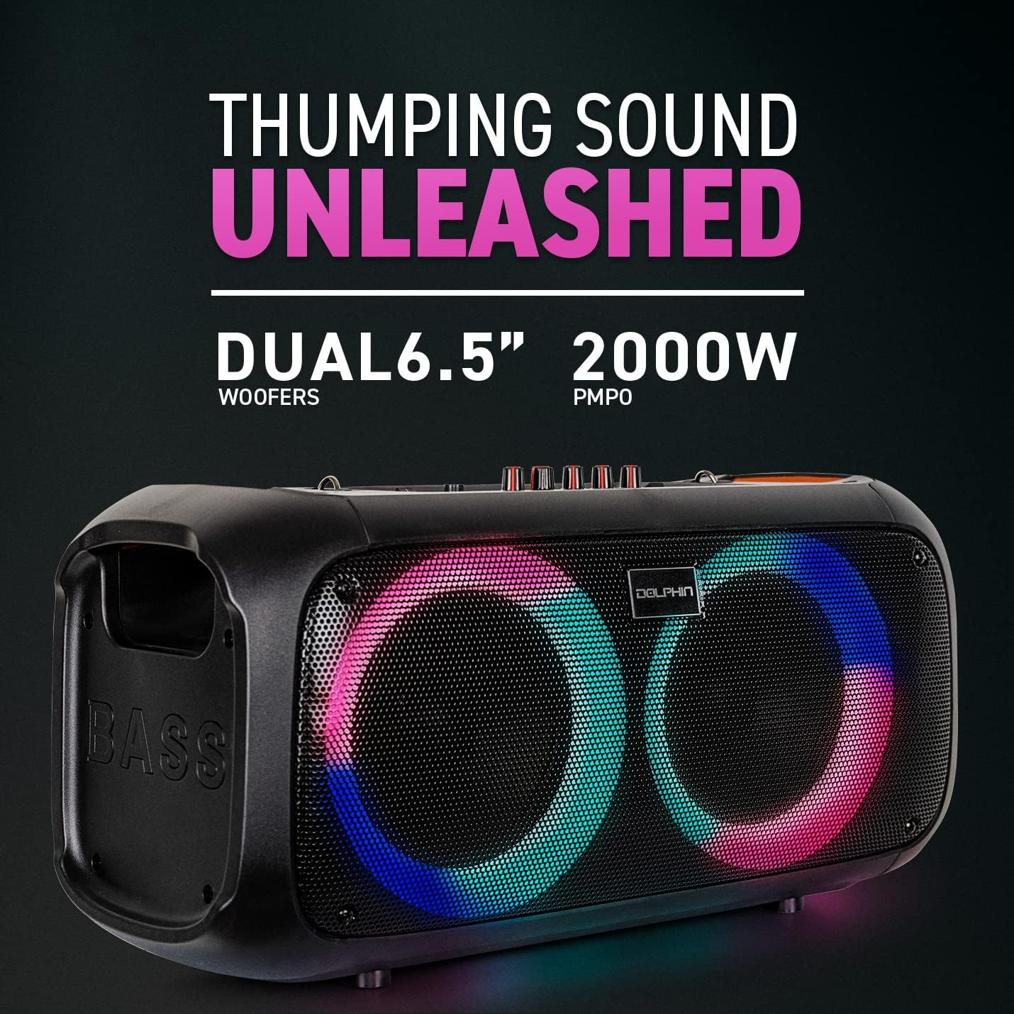 Dolphin Boombox Bluetooth Party Speaker with Wired Mic, Dual 6.5" Woofers | 1" Tweeter, WaveSync Pairing, LED Lights, USB/microSD/FM/AUX