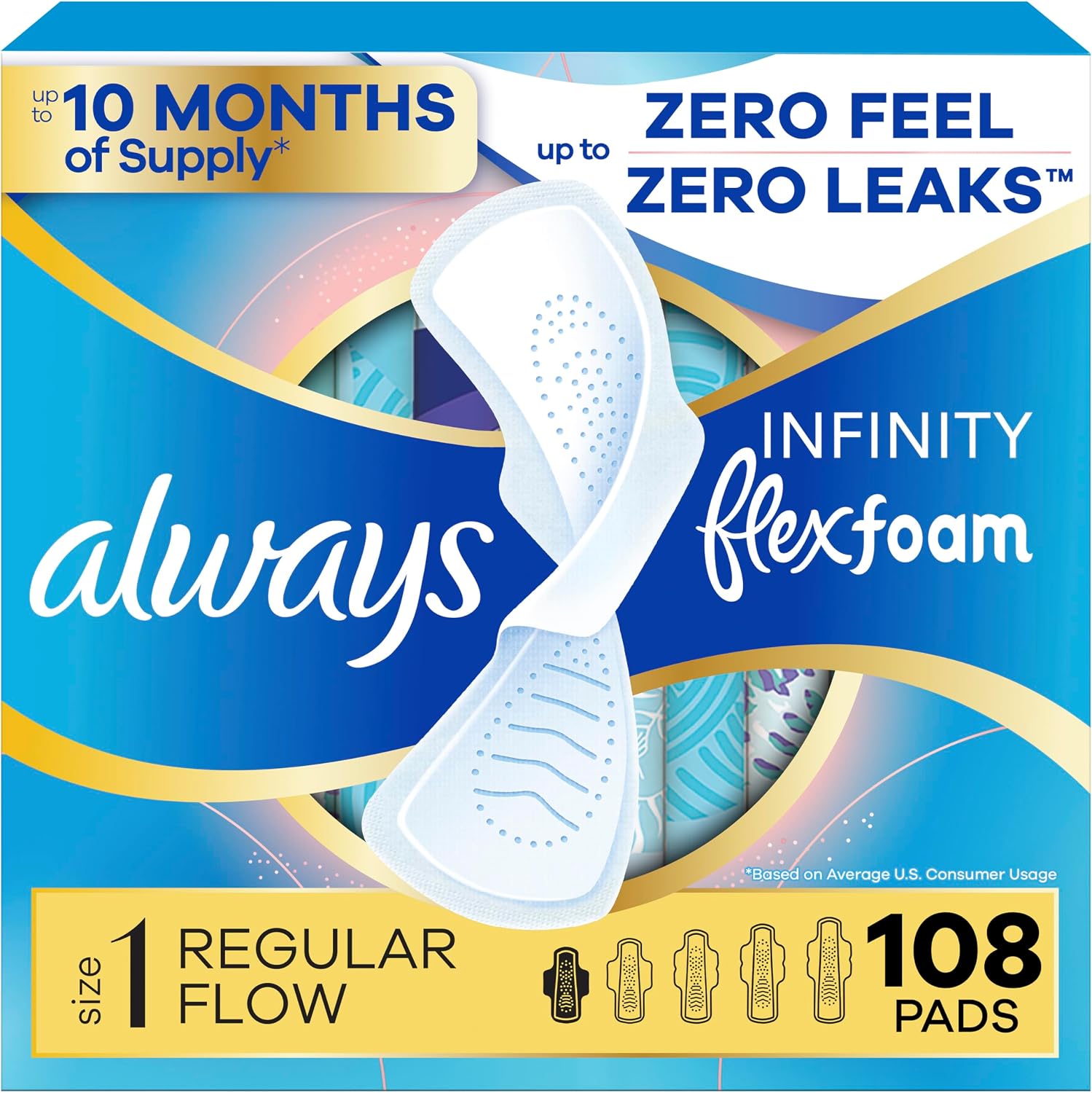 Always Infinity Feminine Pads for Women, Flexfoam Pads with Wings, Size 1, Regular Absorbency, Unscented, 108 Count (3 Packs of 36)