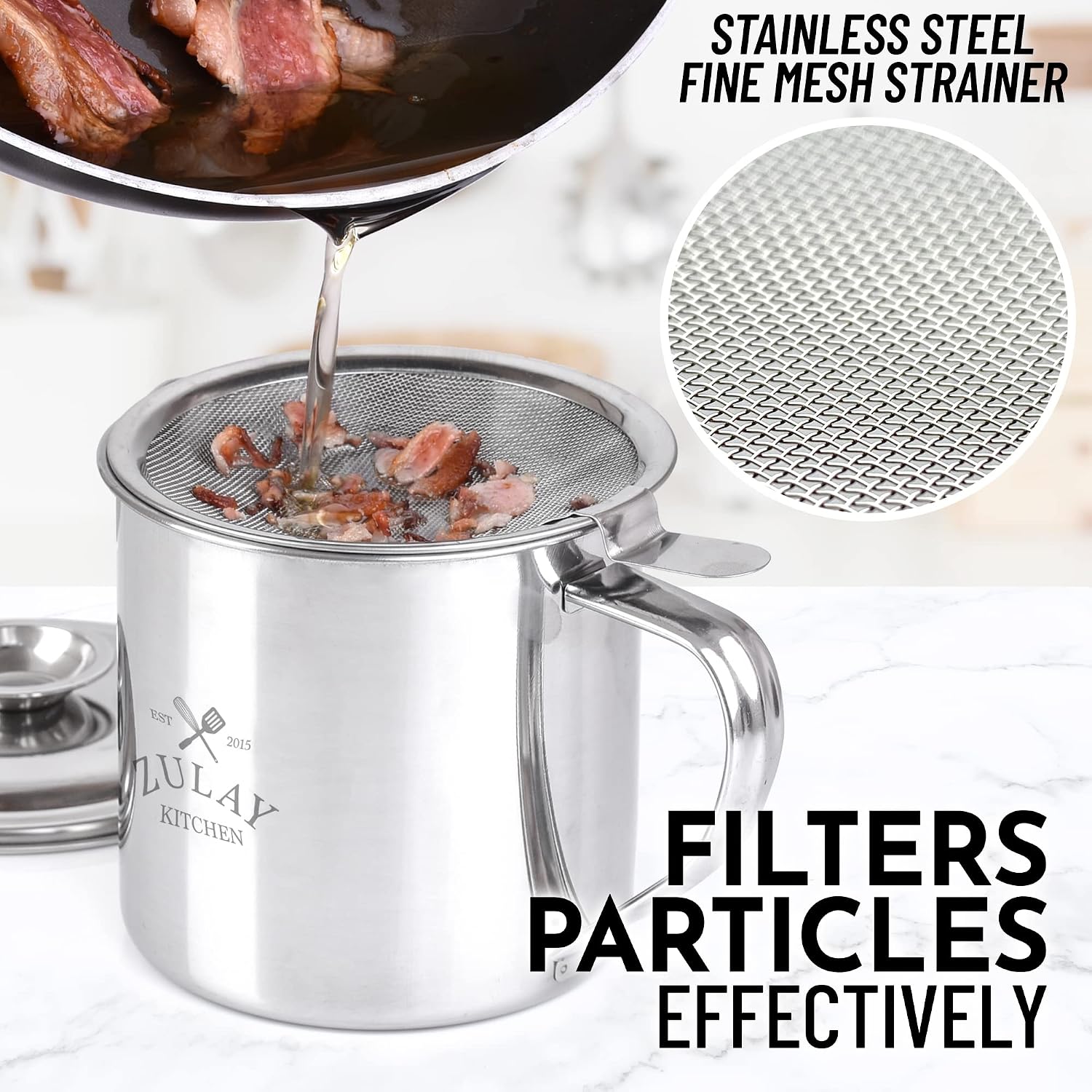 Zulay Bacon Grease Container With Strainer, Lid & Handle -Large, 1L Stainless Steel - Perfect For Kitchen, Storing Ghee, Fats & Frying/Cooking Oils