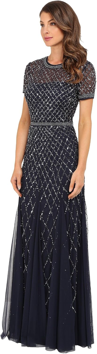Adrianna Papell Womens Short-Sleeve Grid Beaded Gown
