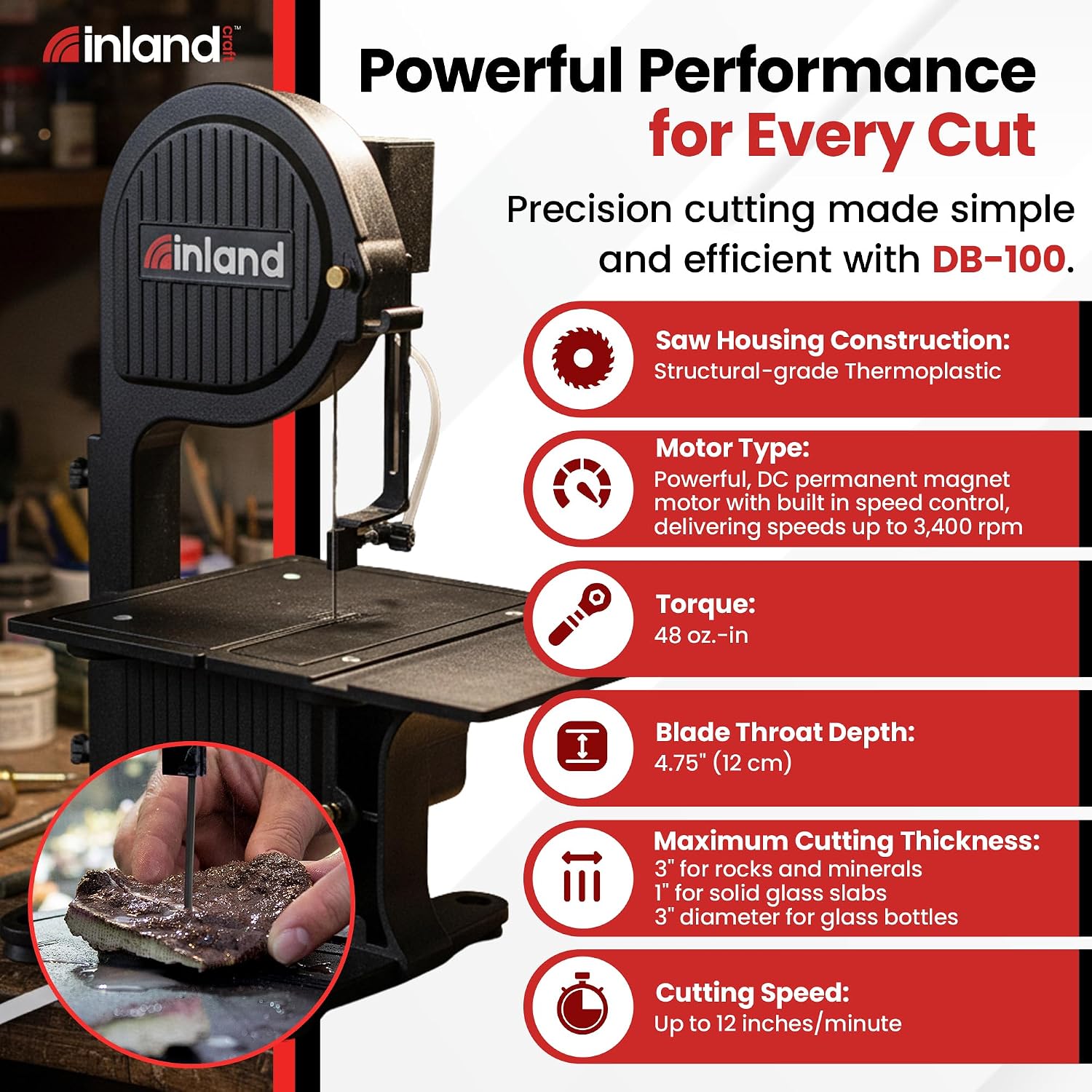 Inland Craft DB-100 Band Table Machine for Cutting Stained Glass, Diamond Blade Band, Lapidary Slab Saw, Rock, Coral & Stone Polisher, Hobby Bandsaw