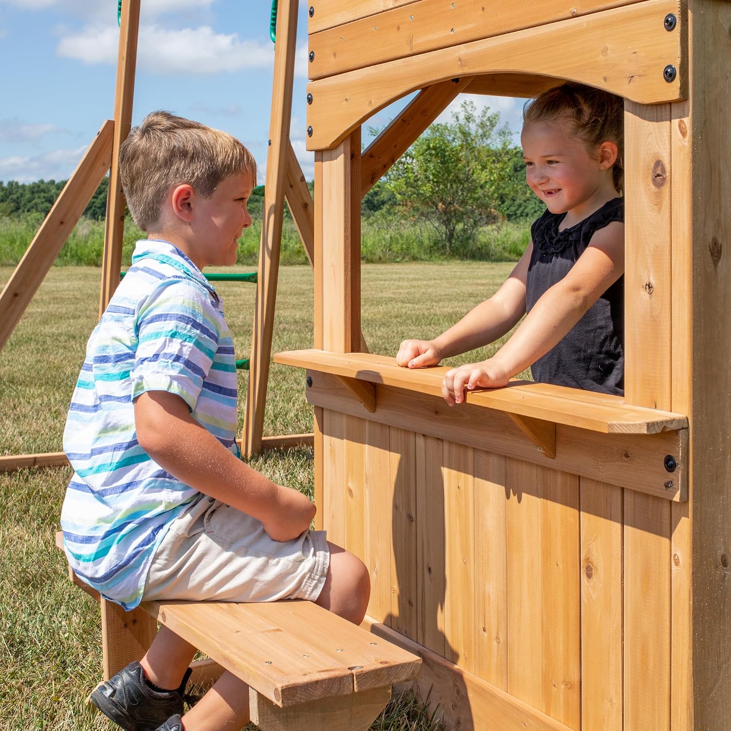 Backyard Discovery Montpelier Cedar Wood Swing Set, Wave Slide, Clubhouse, Monkey Bars, Picnic Area, Snack Bar, Belt Swings, Trapeze, Balcony