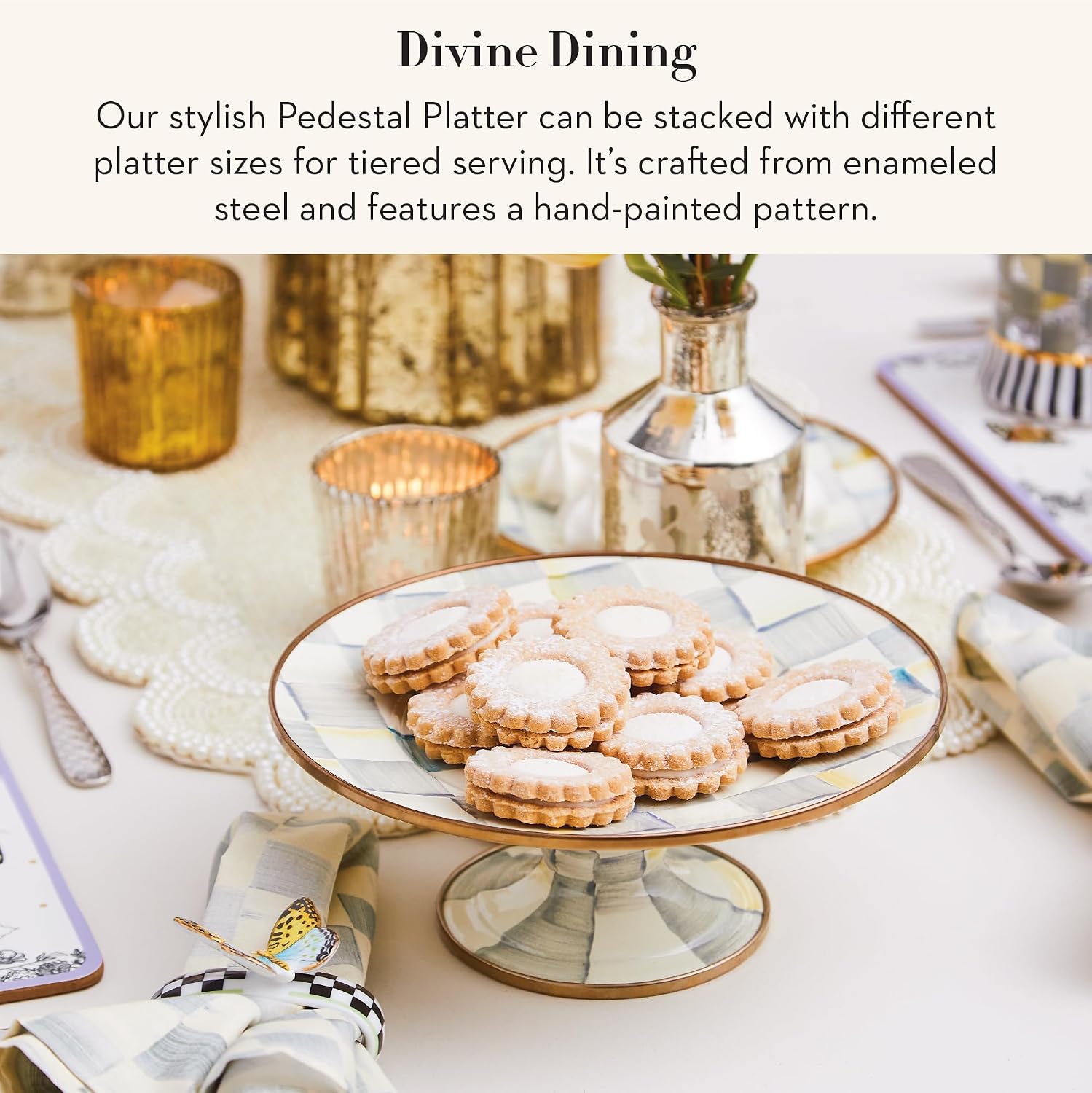 MACKENZIE-CHILDS Pedestal Platter, Mini, Black-and-White Courtly Check | Hand-painted design, made from enameled steel, stackable round cake stand for serving desserts, 8" dia. x 3" H
